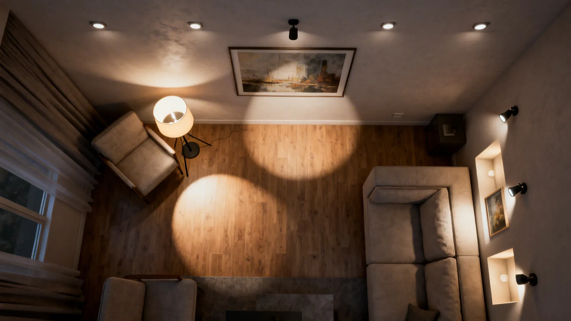 Top-down visual of layered ambient, task, and accent lighting in a small living room showing light zones.