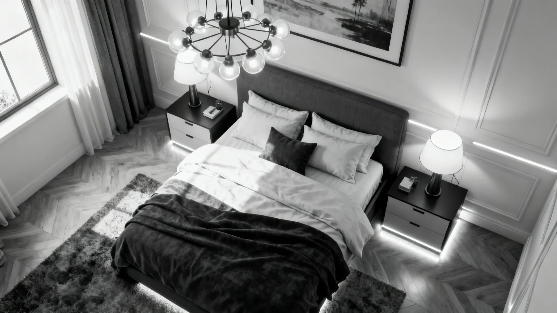 Top-down view illustrating layered lighting in a black-and-white bedroom