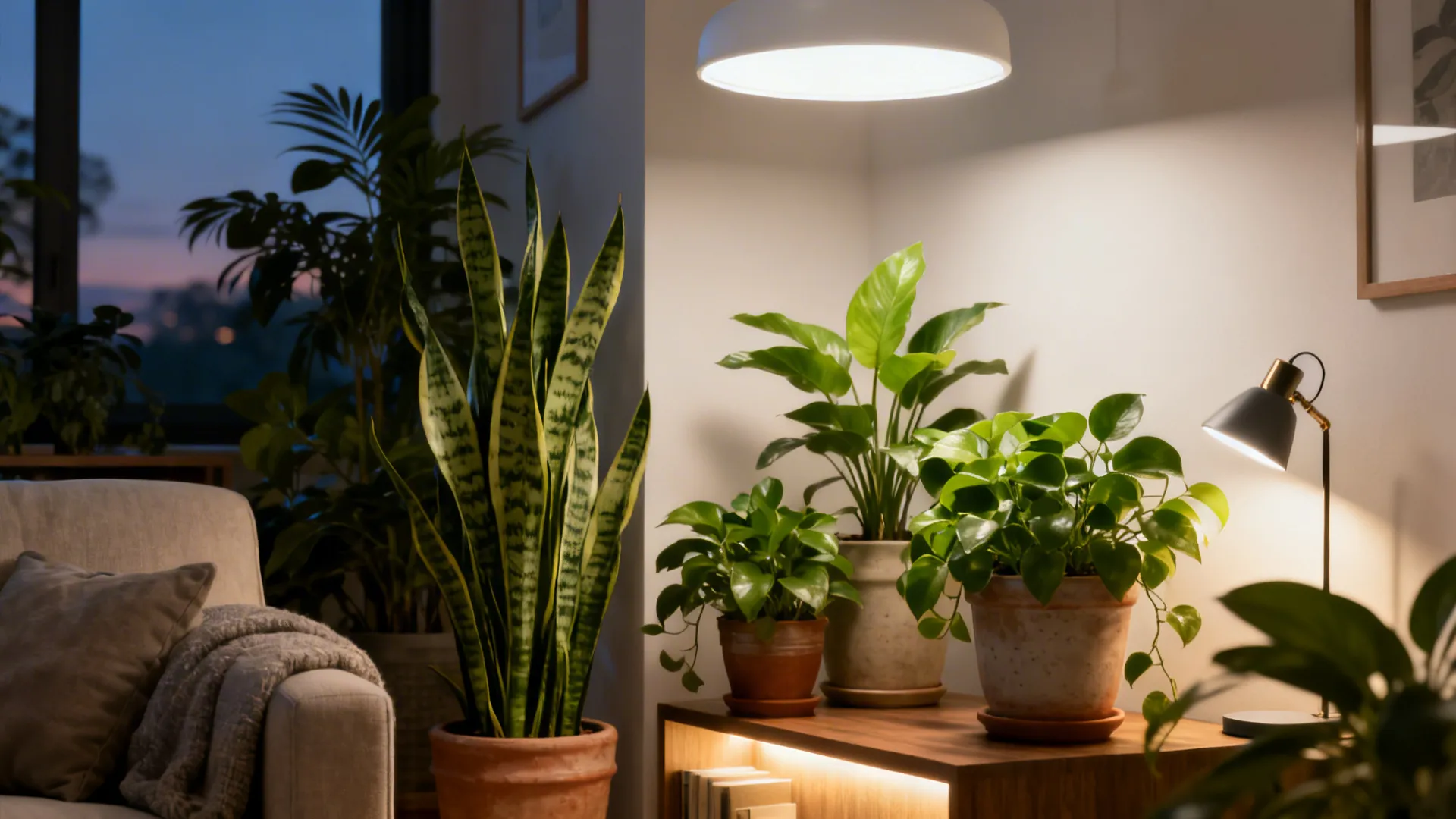 Living room corner with layered lighting and green houseplants highlighting color accuracy