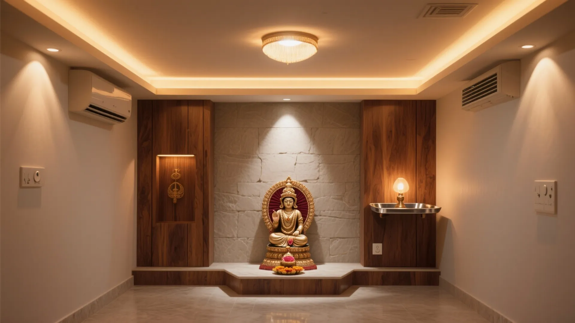 Layered warm lighting in a compact pooja mandir with cove, spotlight, and safe lamp zone.