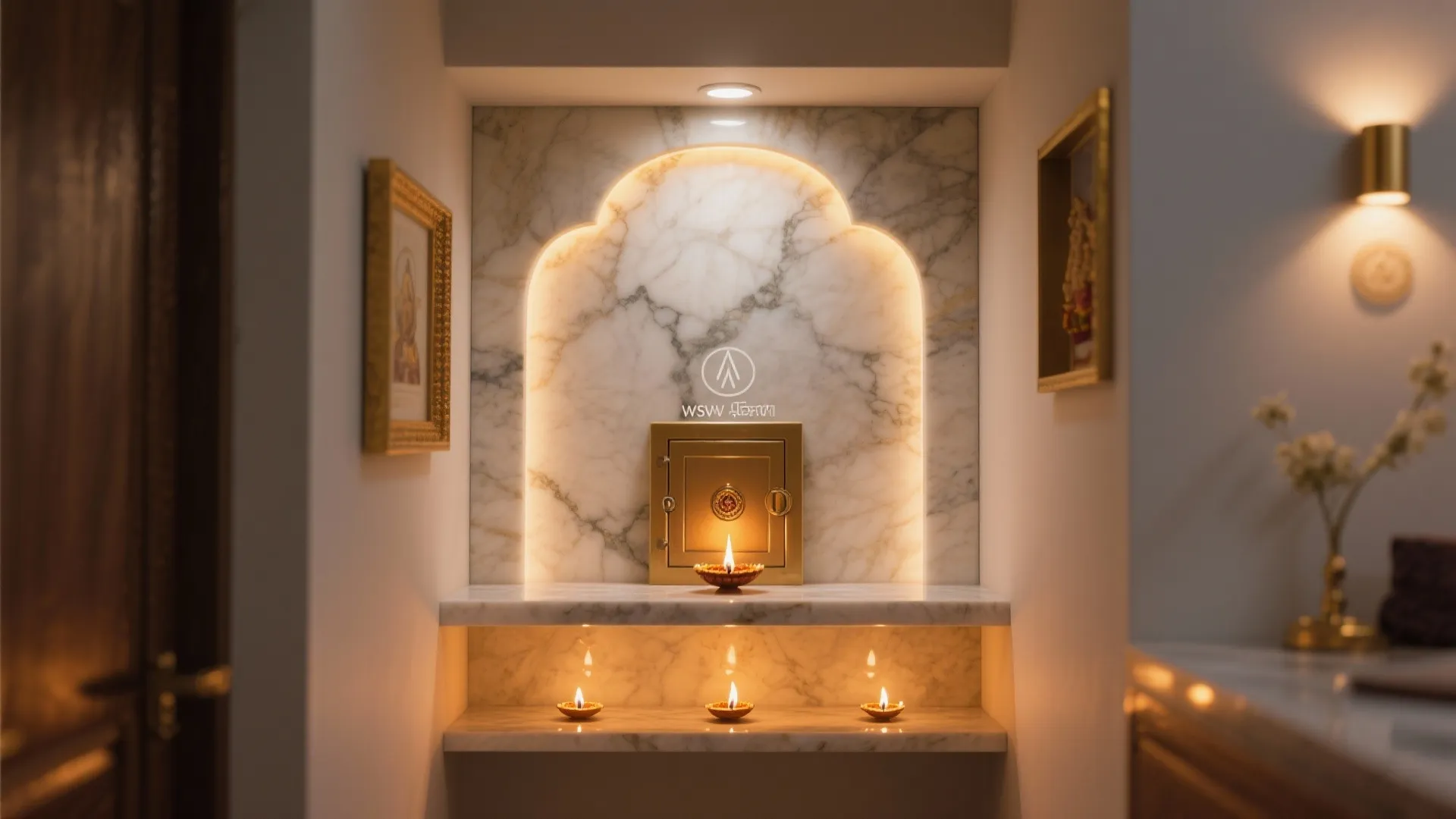 Layered Lighting: Backlit Panels + Accent Diyas