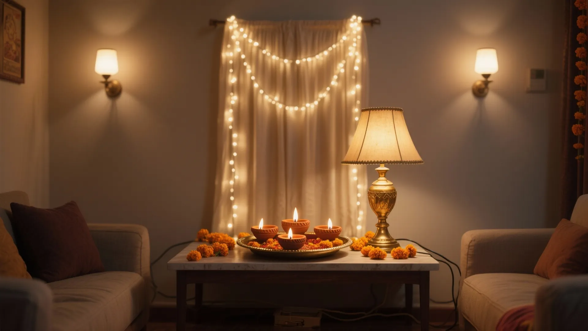 Layered Lighting: Diyas, Fairy Strings, and One Hero Lamp