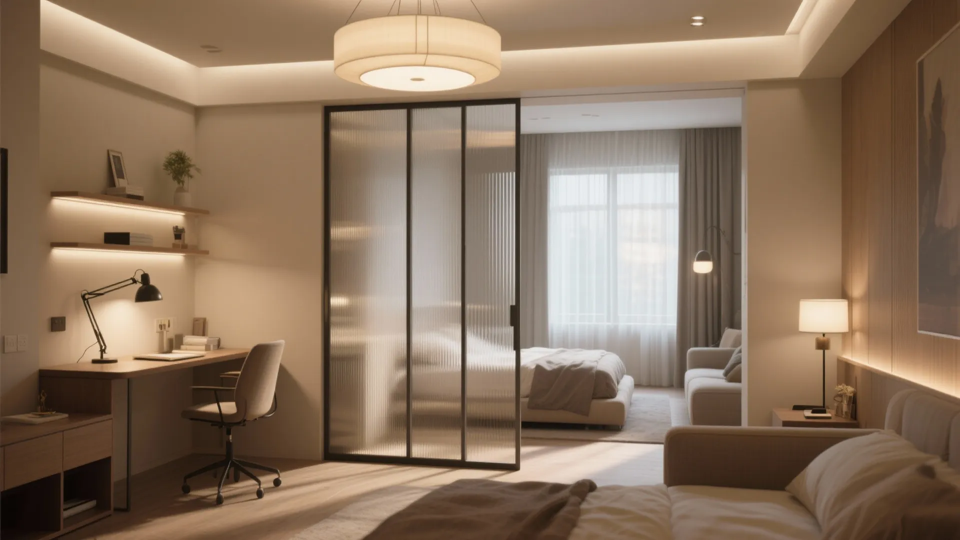Layered lighting with ambient, task and accent sources plus a frosted sliding panel for privacy.