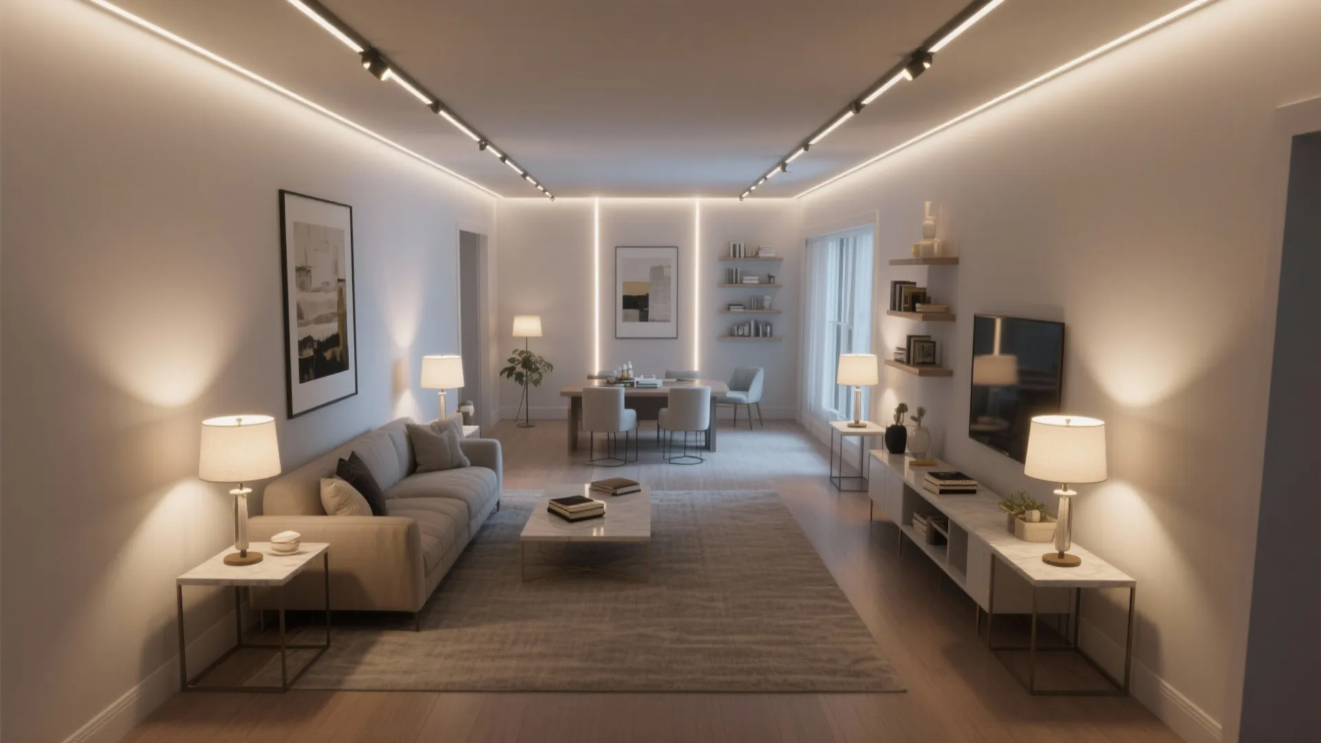 3) Layered lighting rails to break up the length