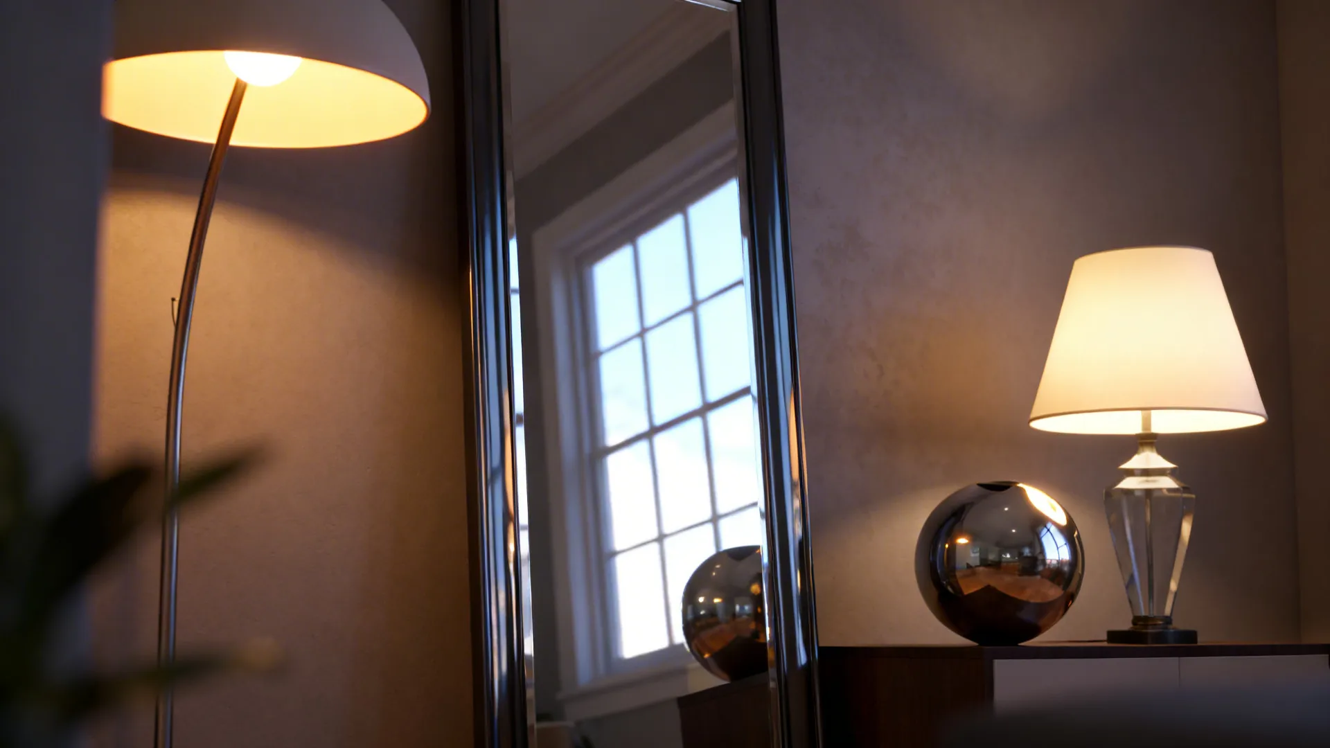 Layered lighting with mirror and metallic accents reflecting daylight in a living room