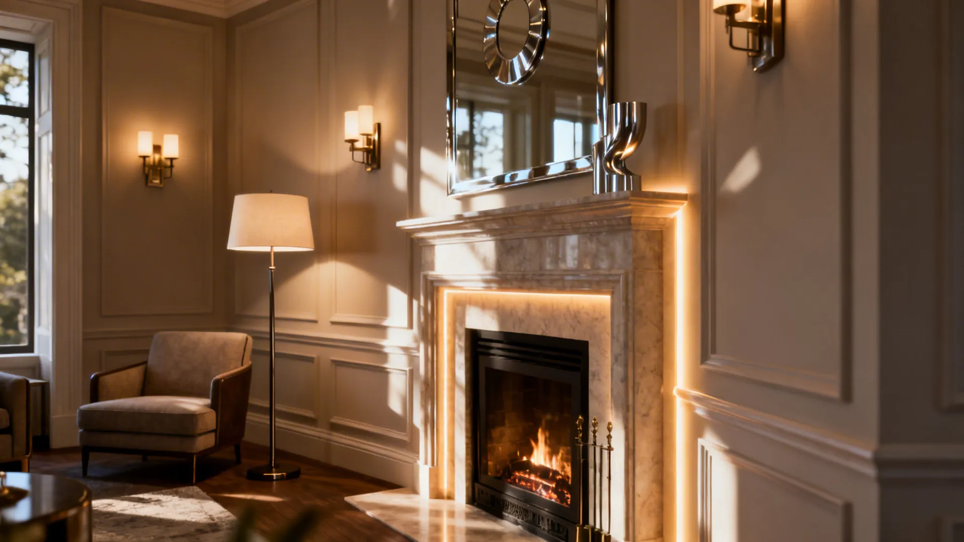Layered wall sconces, floor lamp, and a mirror reflecting light near a corner fireplace
