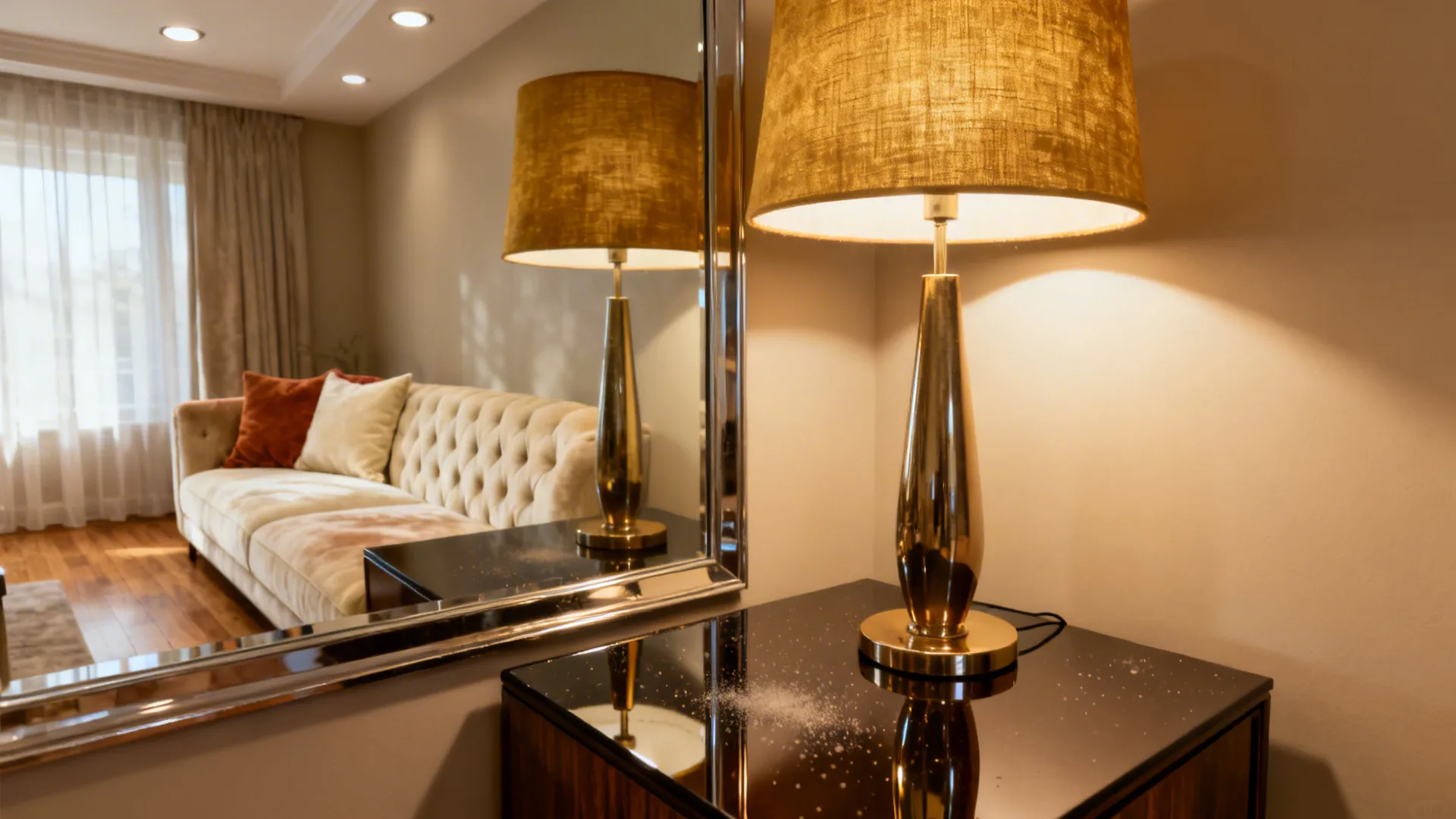 Close-up of layered lighting and a mirror reflecting a sofa to visually expand the living room