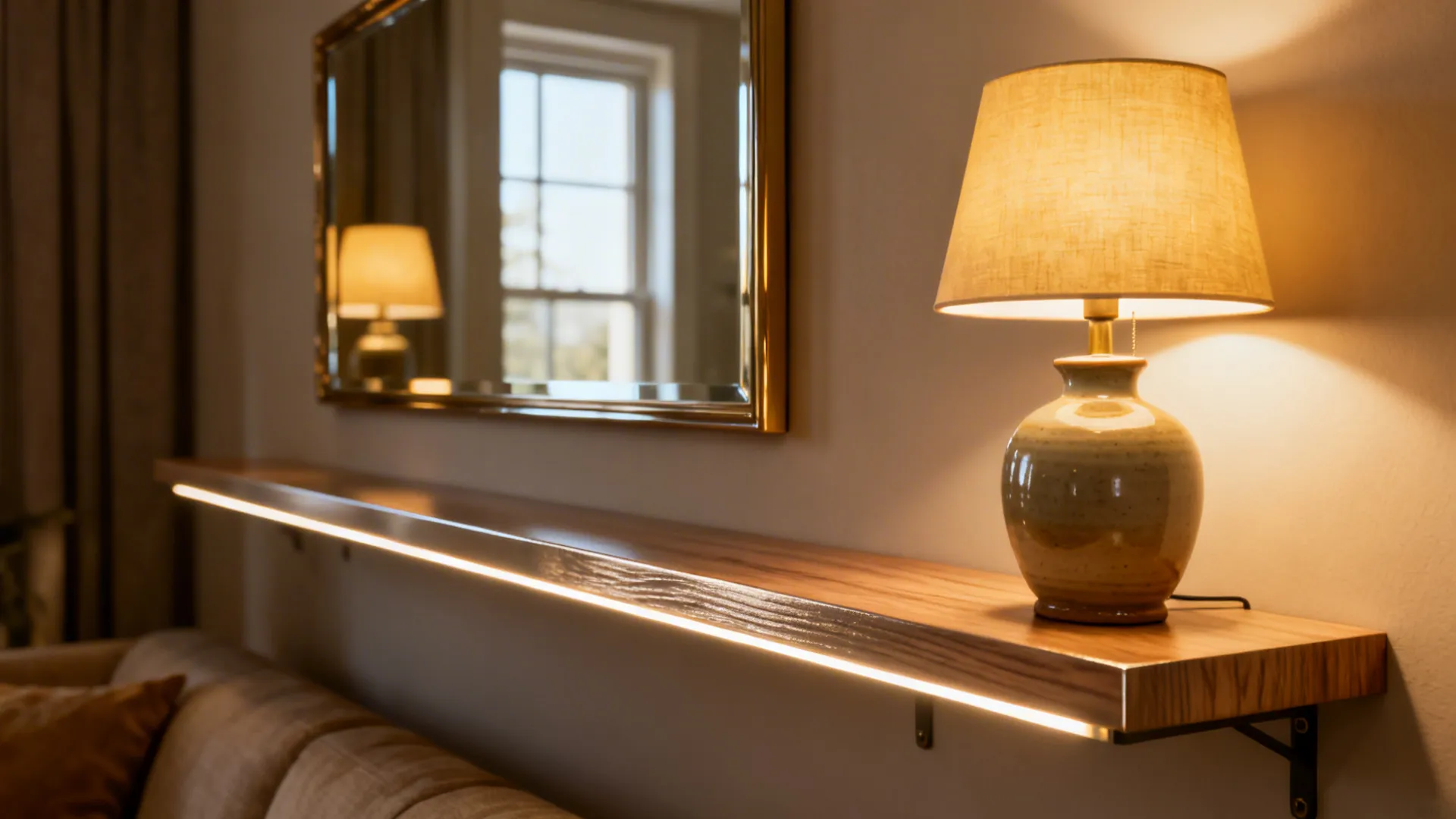 Close-up of hidden LED shelf lighting, task lamp, and a mirror reflecting light in a small living room.