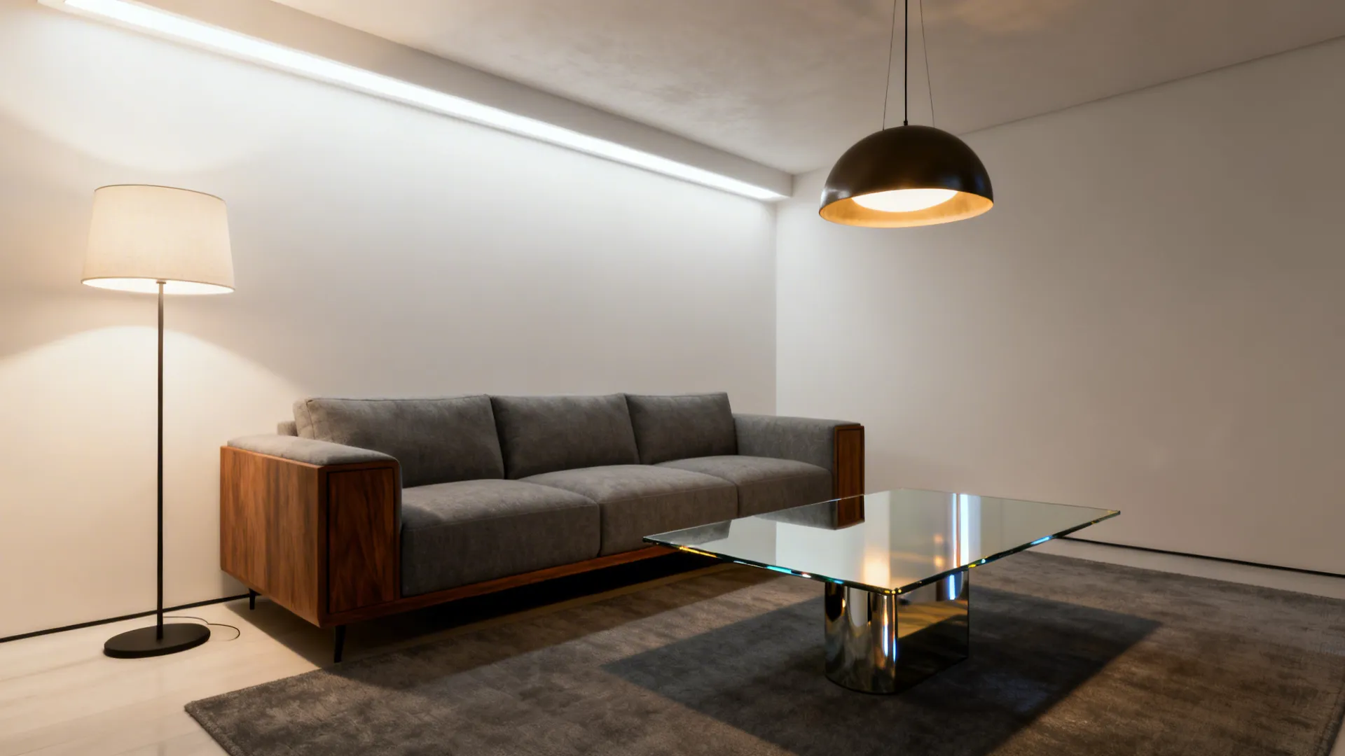 Grey living room with layered ambient, task, and accent lighting highlighting a mirrored coffee table.