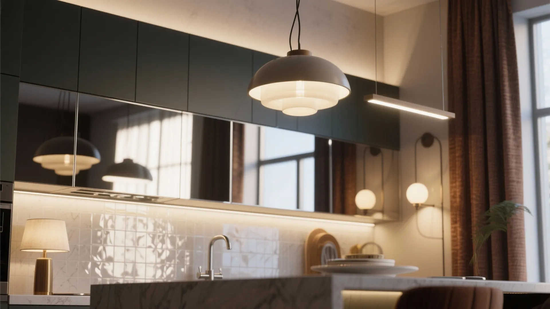 Layered lighting with mirror and glossy backsplash balancing warm textiles
