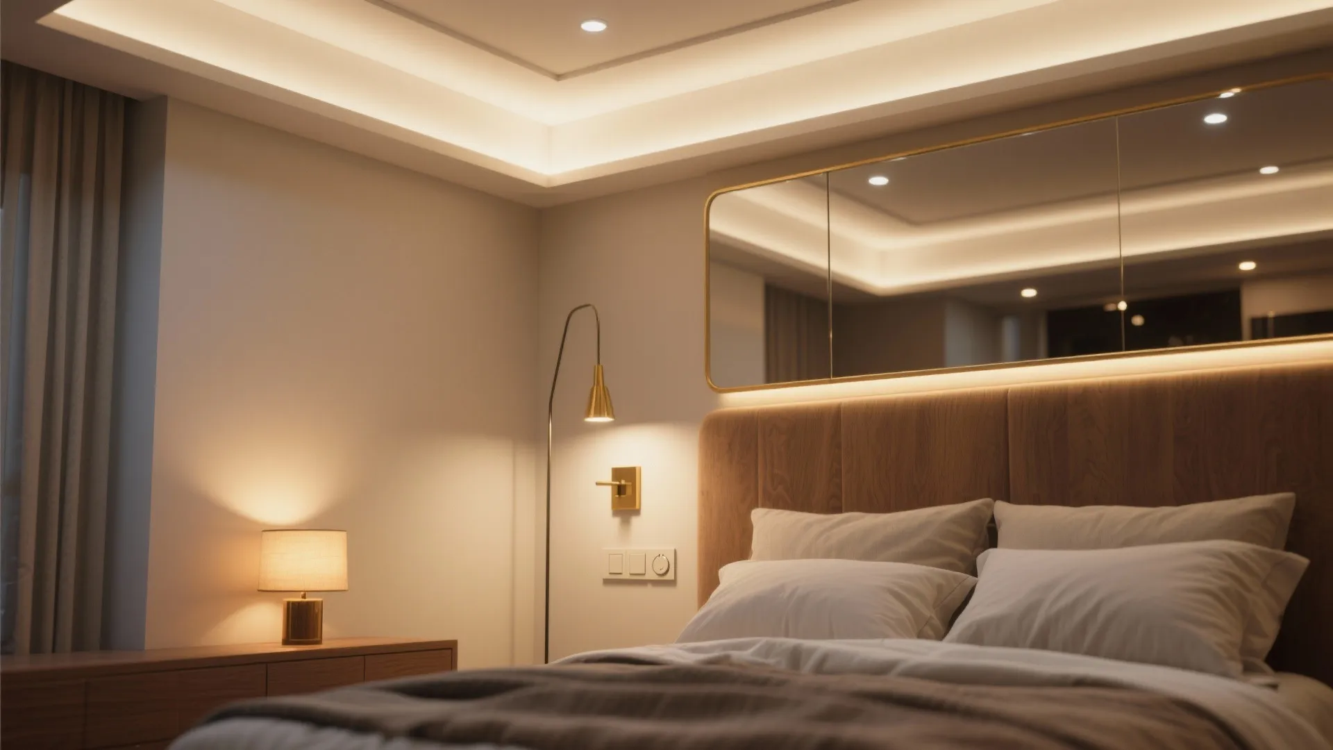 Layered lighting with recessed lights, bedside sconce and mirror reflecting light in a small bedroom