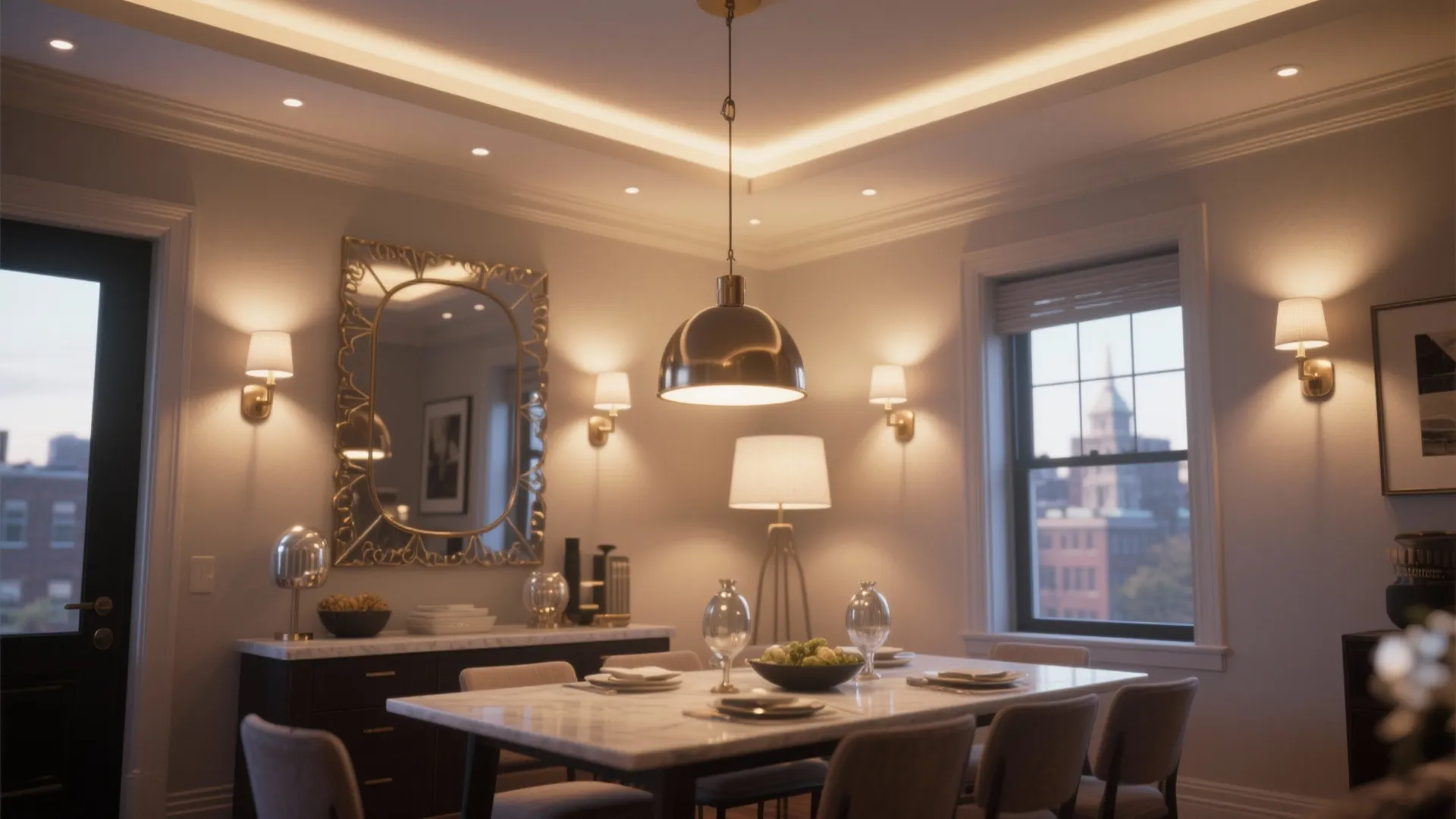 5. Layer lighting and reflective finishes