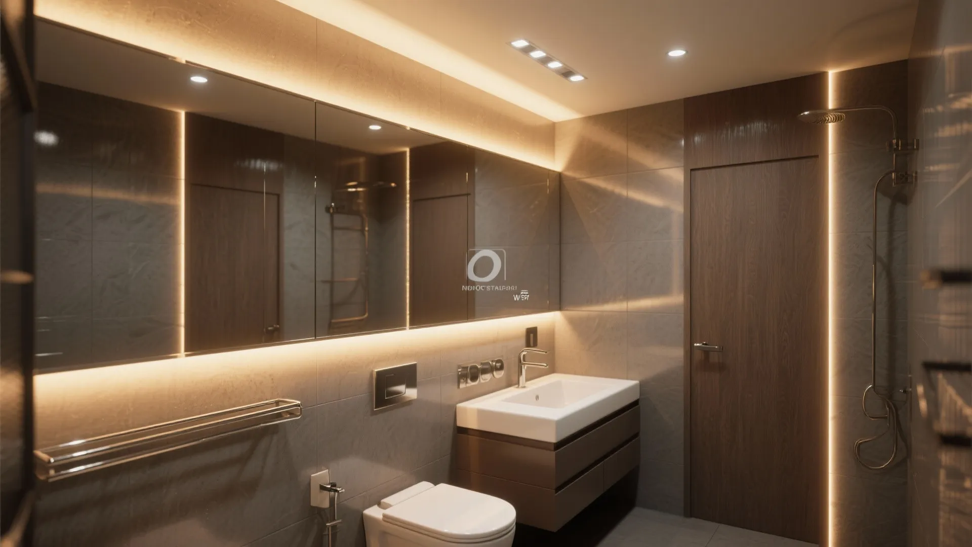 Modern bathroom with warm lighting around mirror wooden door sink toilet and shower area tiles