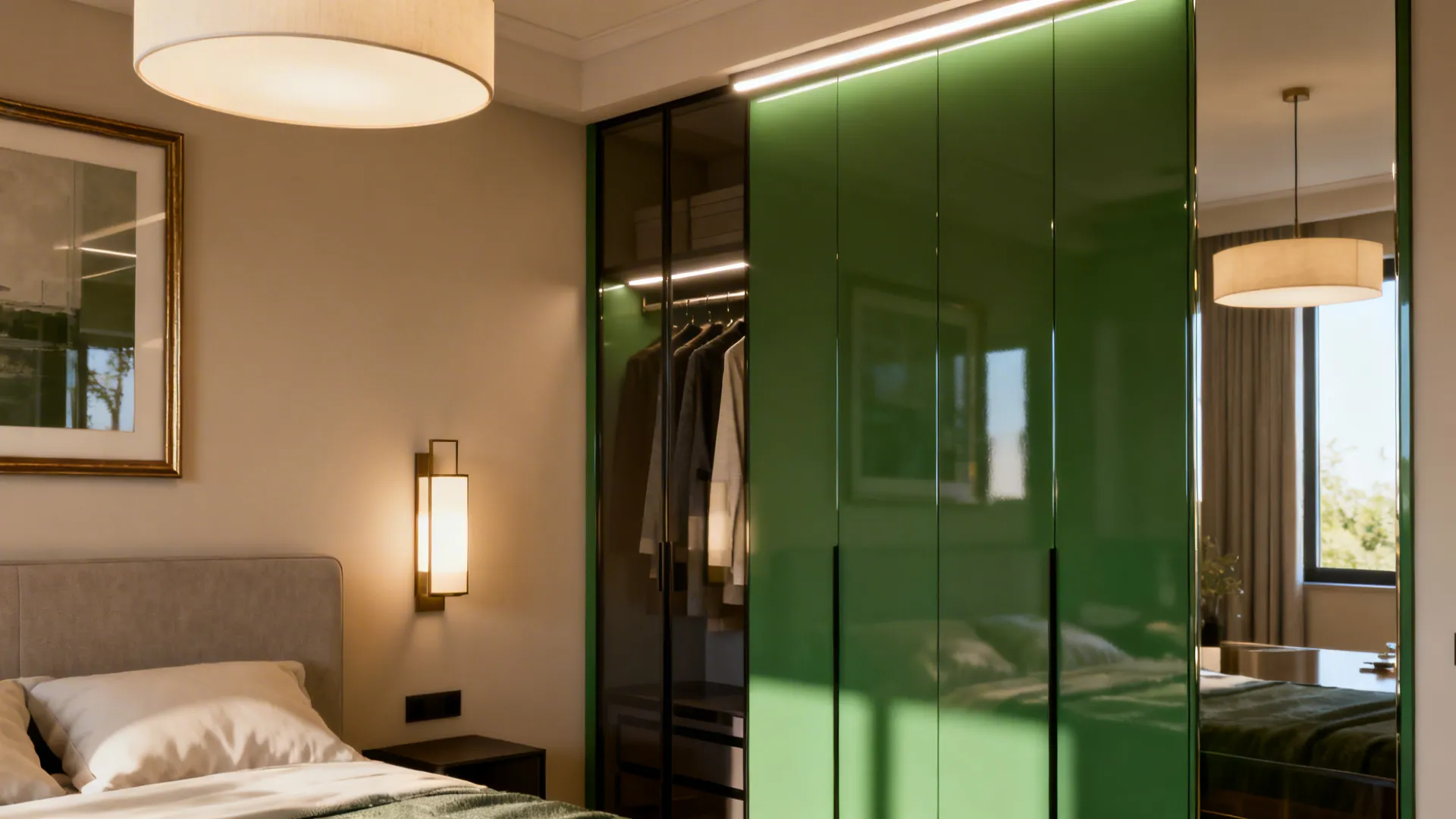 Layered lighting with overhead, sconces and LED strips and reflective cabinet panels