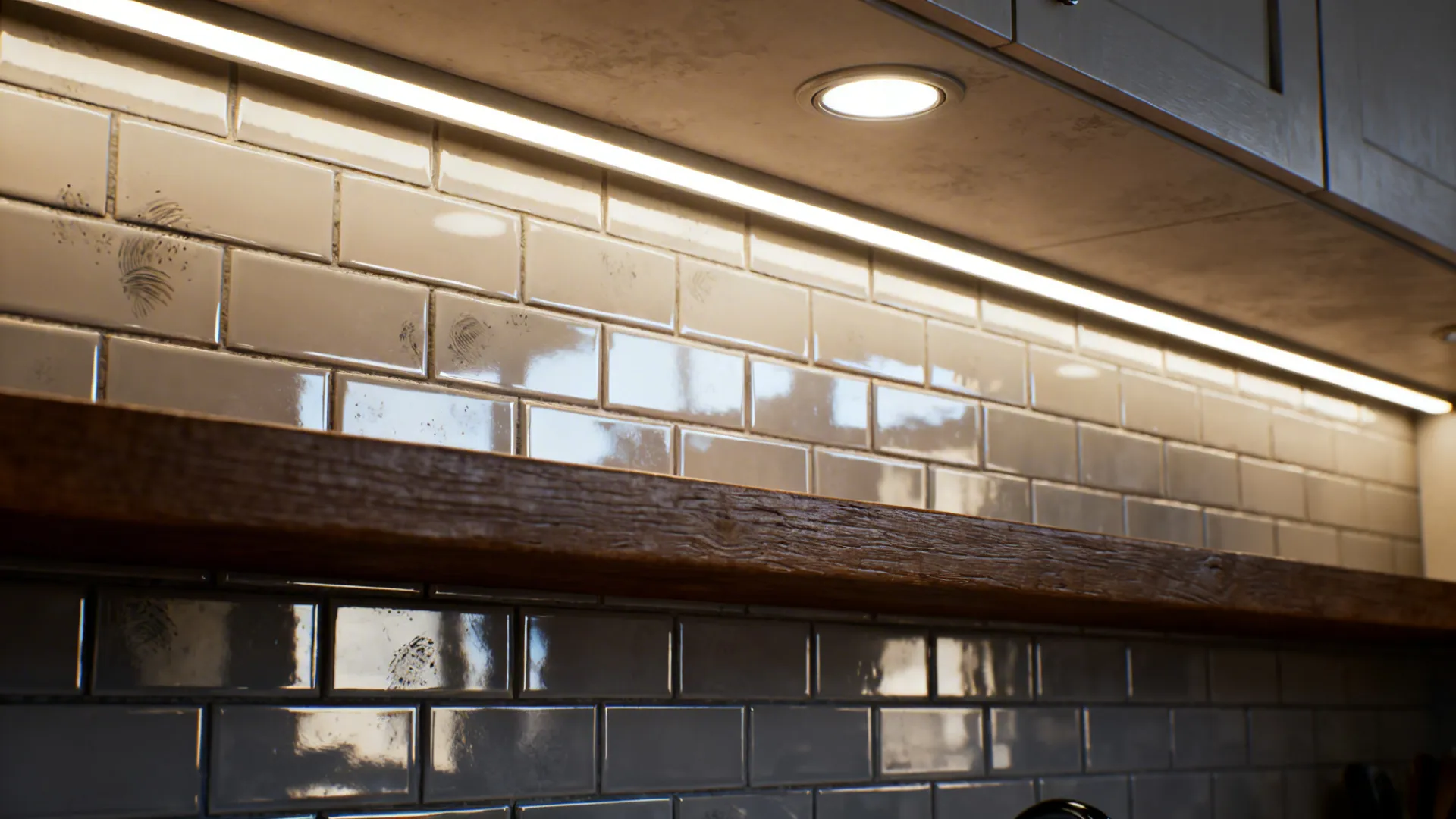 Layered task lighting and a glossy backsplash reflecting light into kitchen corners