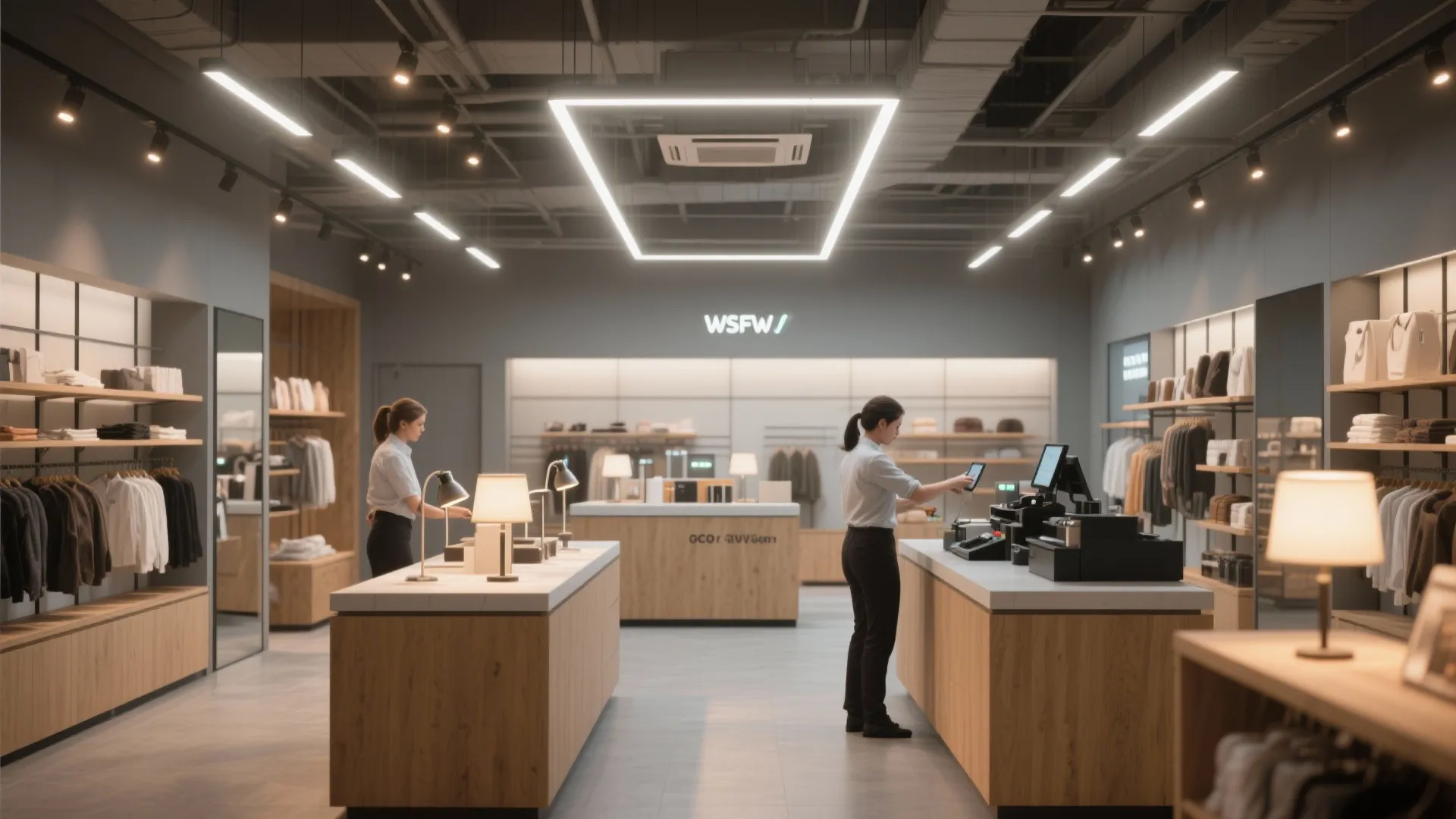 Retail interior showing ambient, task, and accent lighting layers with dimmable LEDs.