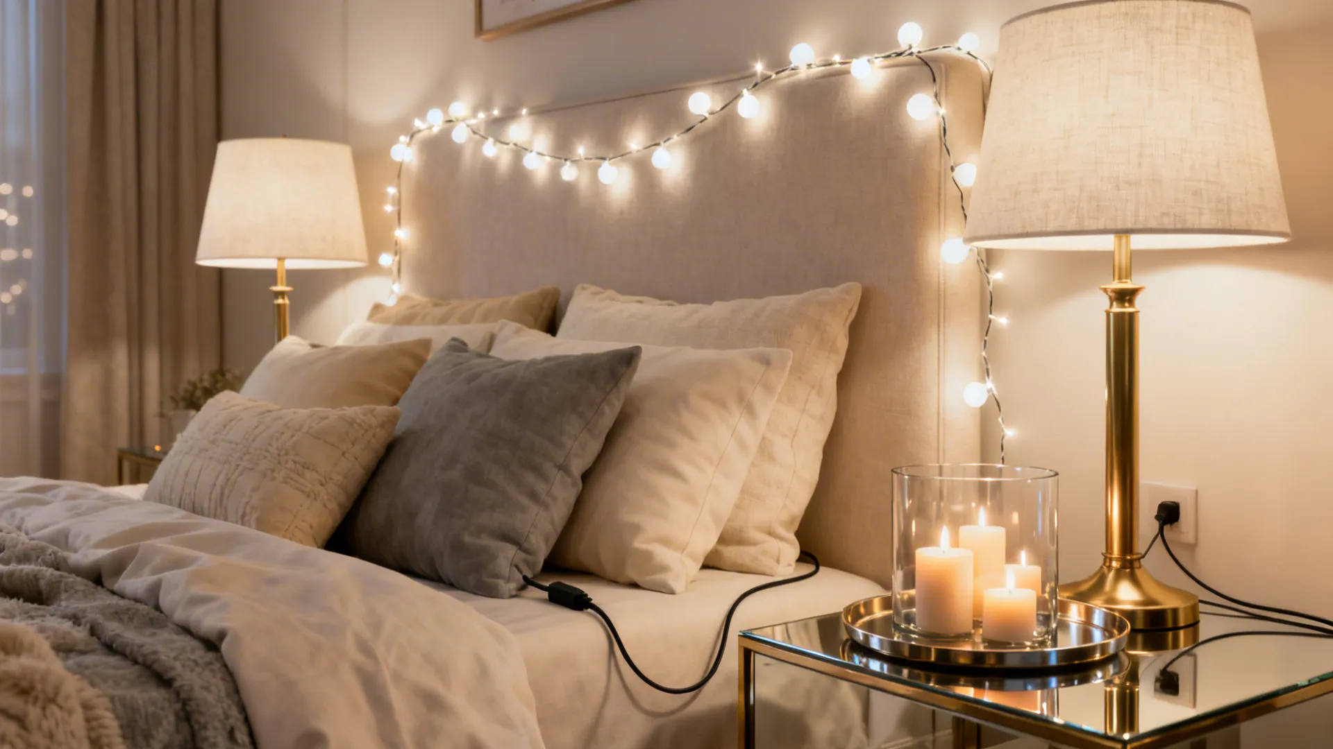Warm string lights, dimmable lamps, and candle cluster create a romantic layered glow in a small bedroom.