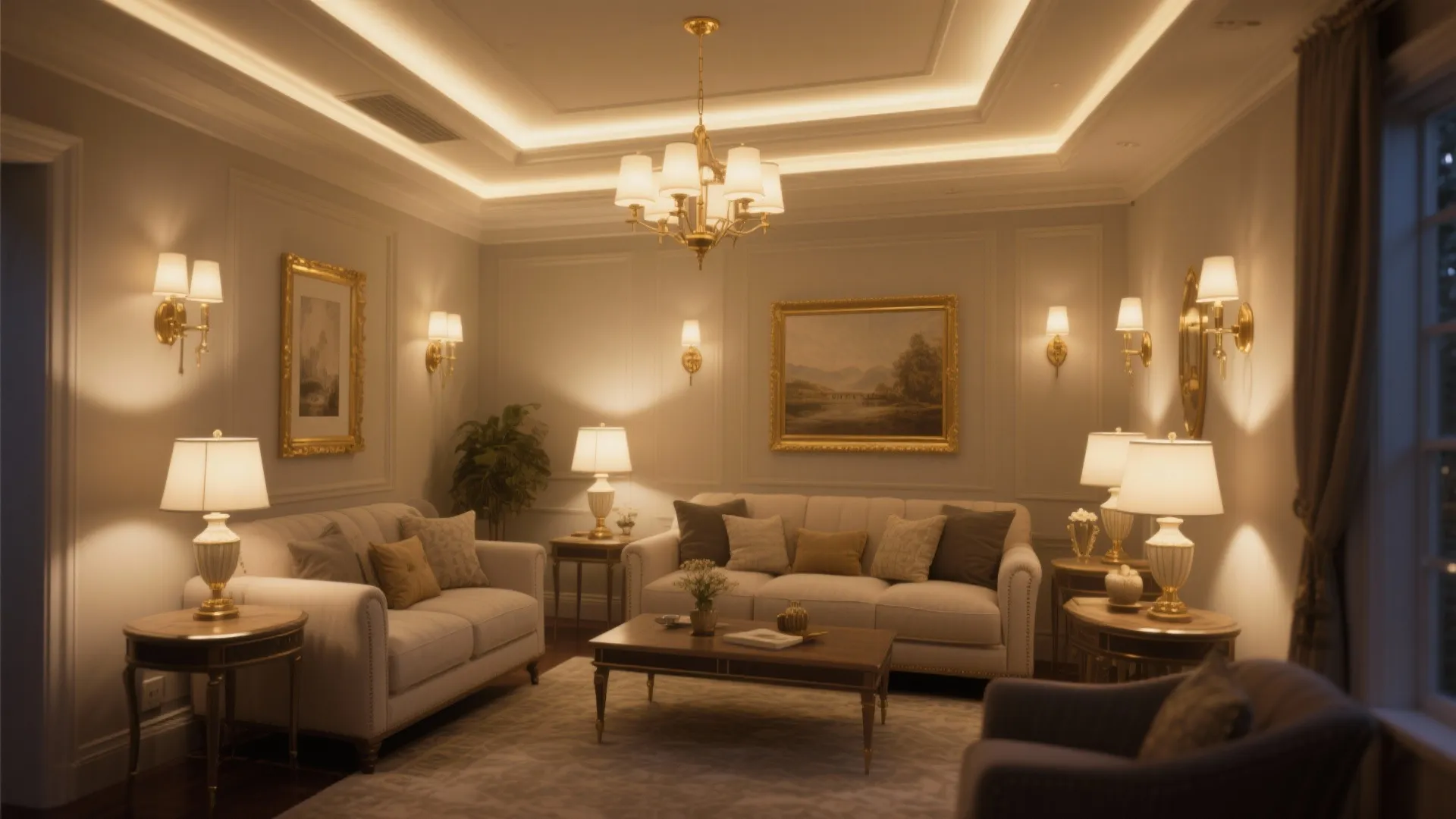 Living room with wall lights and table lamps lighting two white sofas and a coffee table