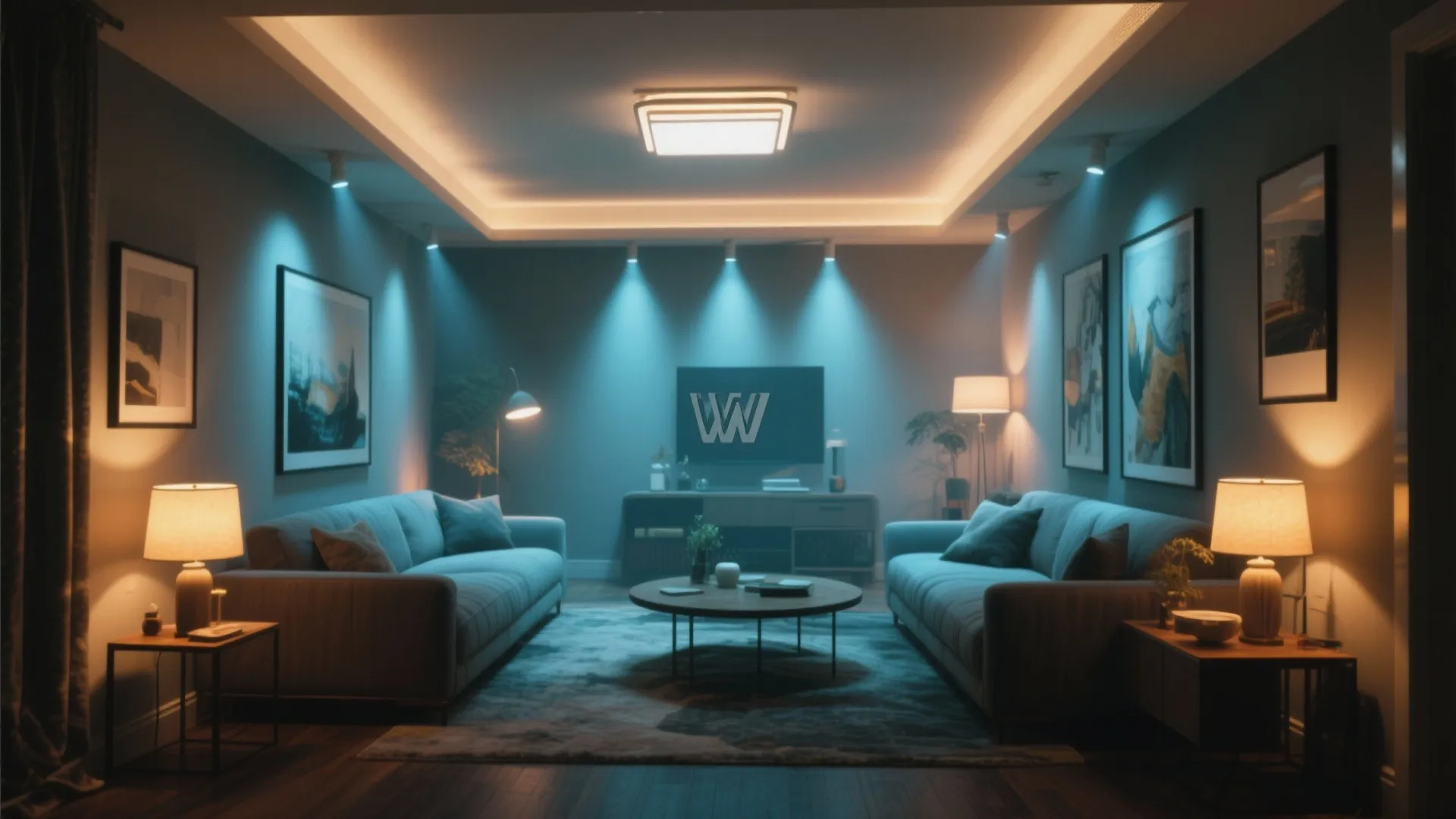Living room with blue accent lighting ceiling light table lamps and warm glow from wall lights