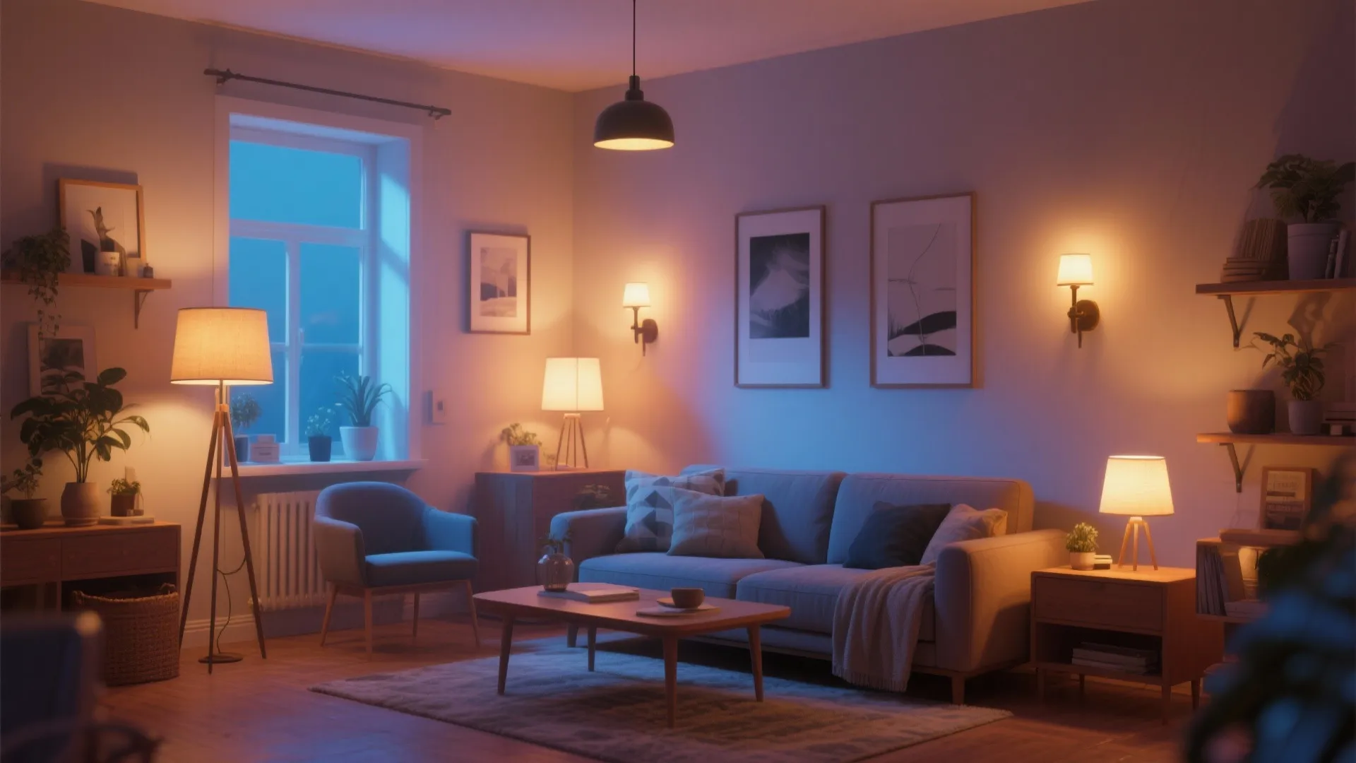 Living room with warm layered lighting from ceiling light floor lamp and multiple wall lights