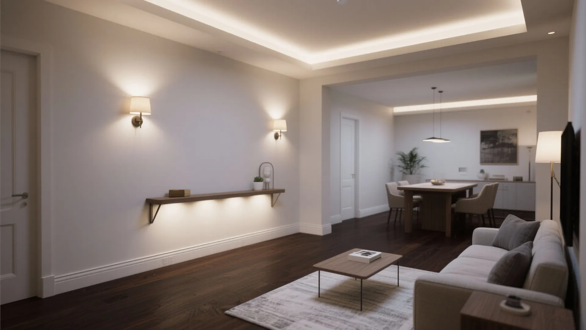 Balanced layered lighting (ceiling, wall, and task)