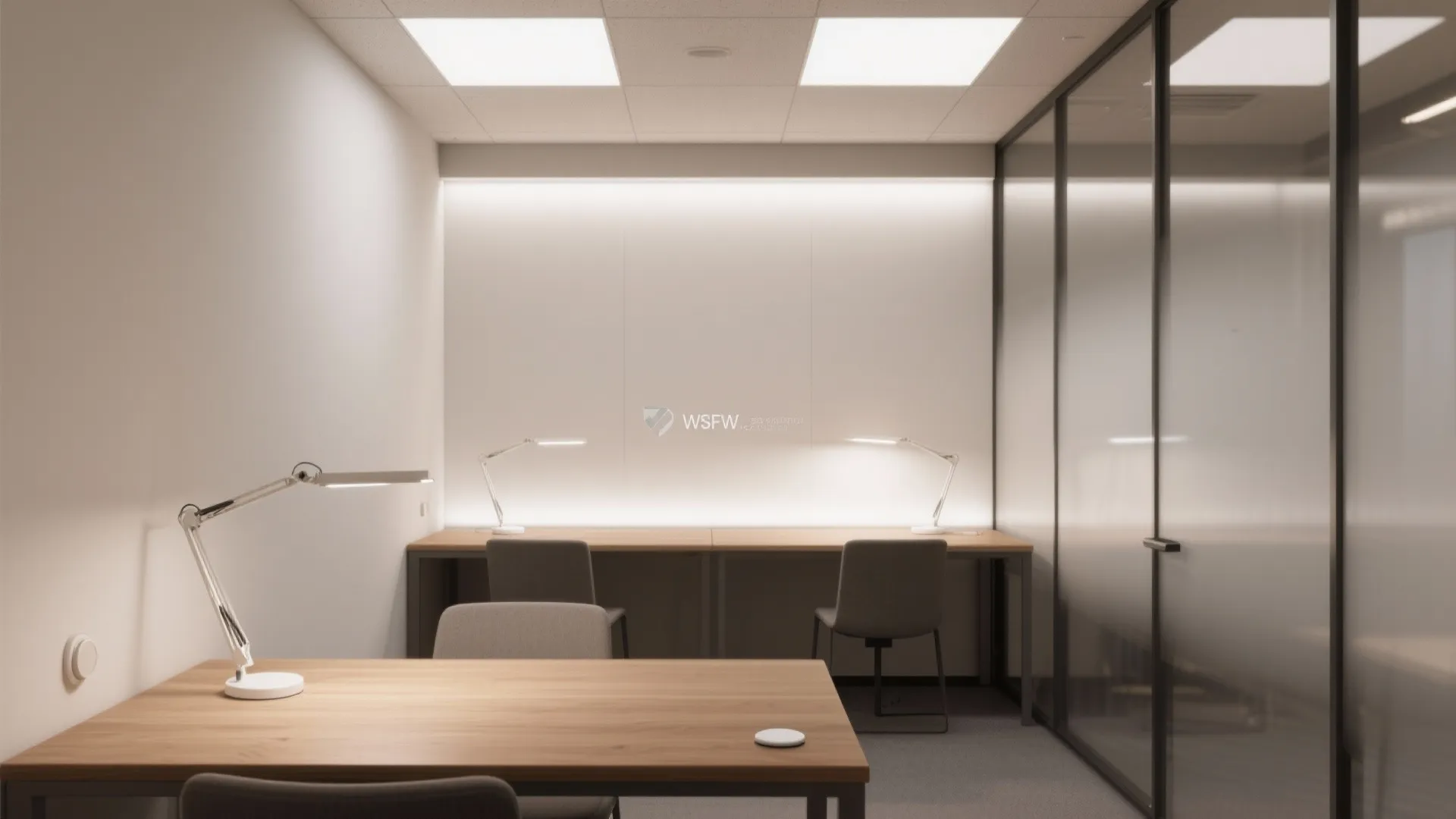 Office interior design with wooden desks grey chairs desk lamps wall lighting and square ceiling light