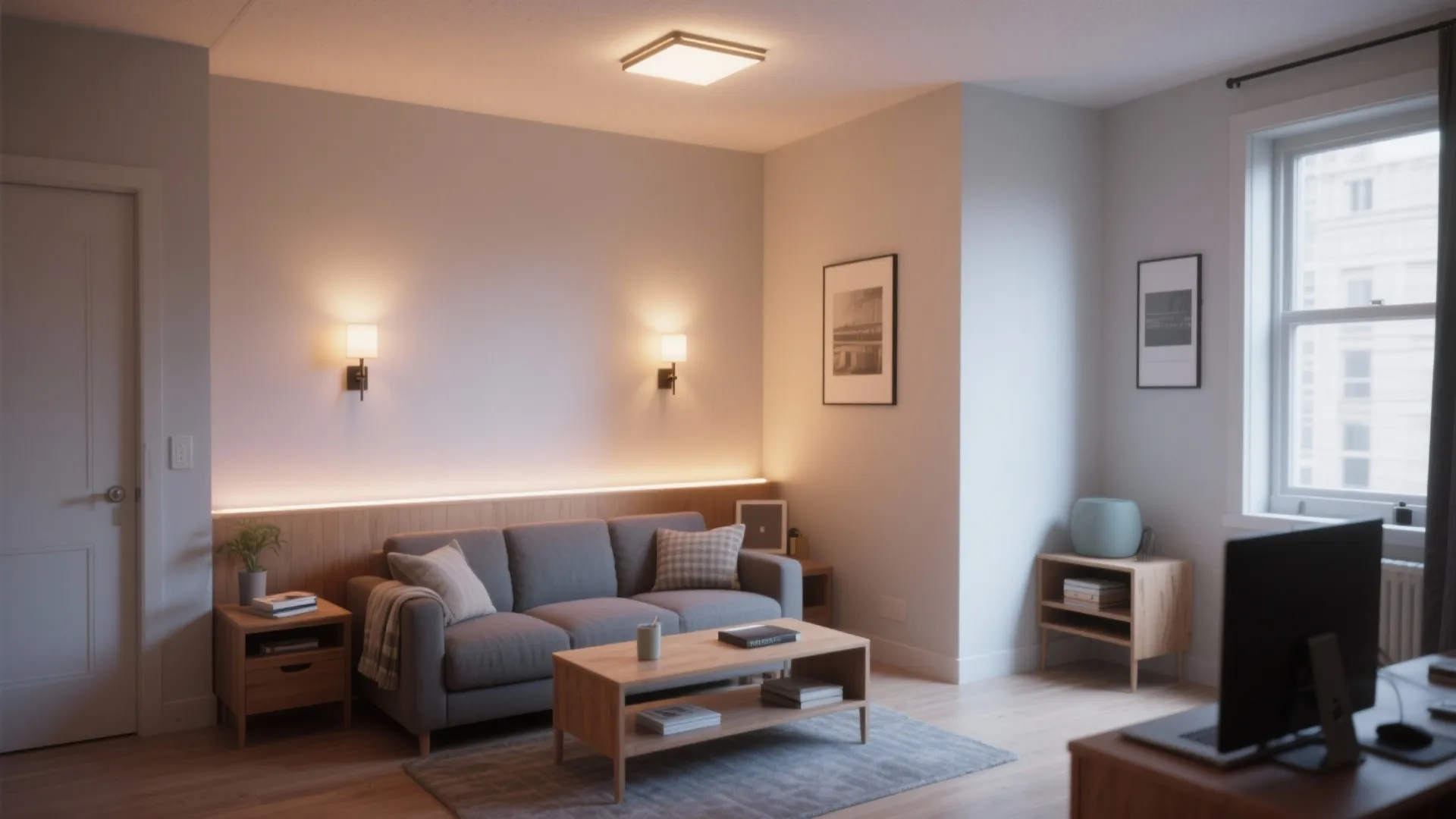 Modern living room with grey sofa wooden coffee table wall lights ceiling light and warm