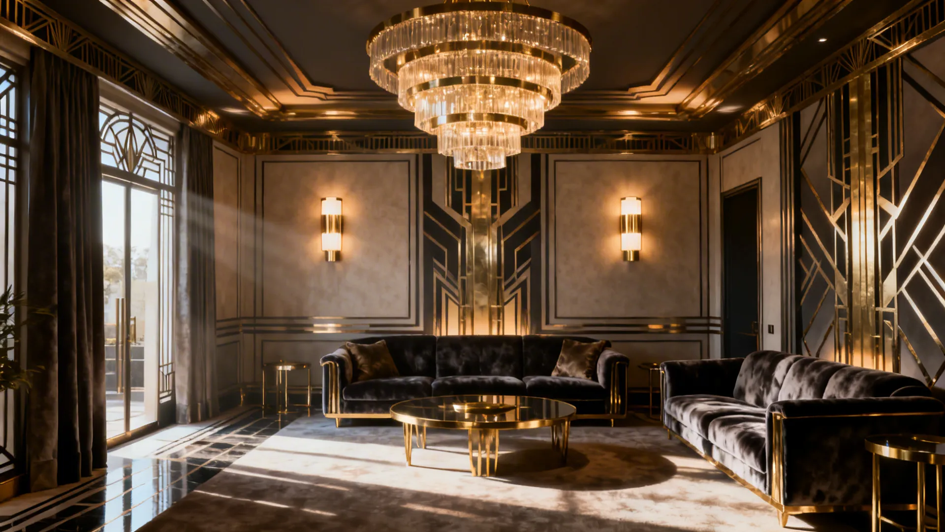 Small Art Deco living room illuminated by chandelier, sconces, and wall washers creating layered lighting.
