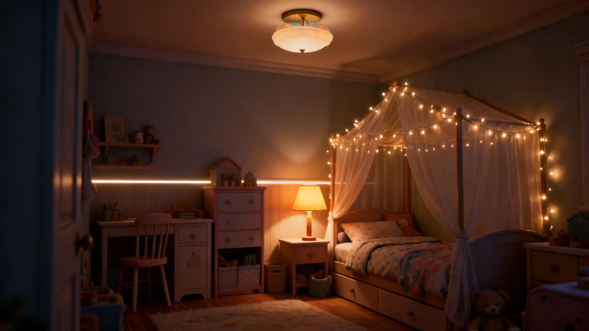 Small bedroom showing layered lighting: ceiling fixture, warm bedside lamp, fairy lights, and LED strip backlight.