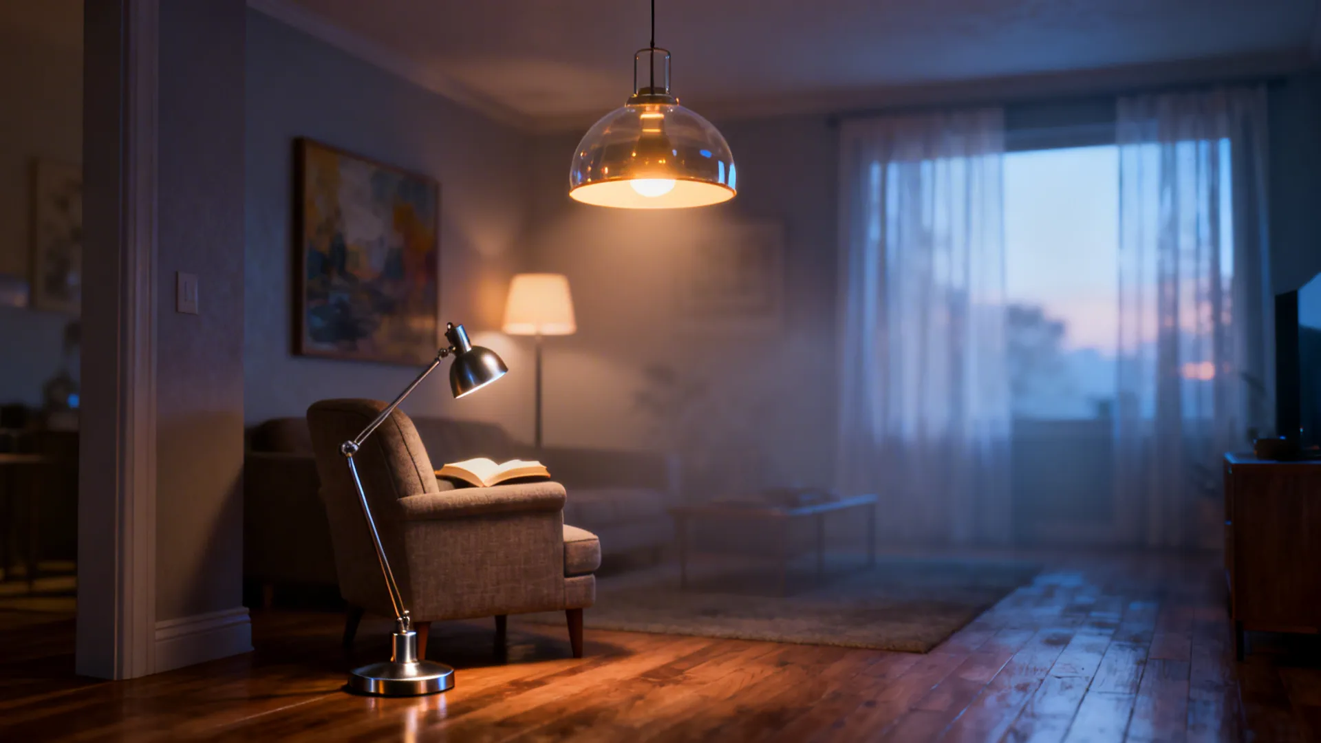 Small living room with three layers of lighting: overhead, task, and accent creating depth