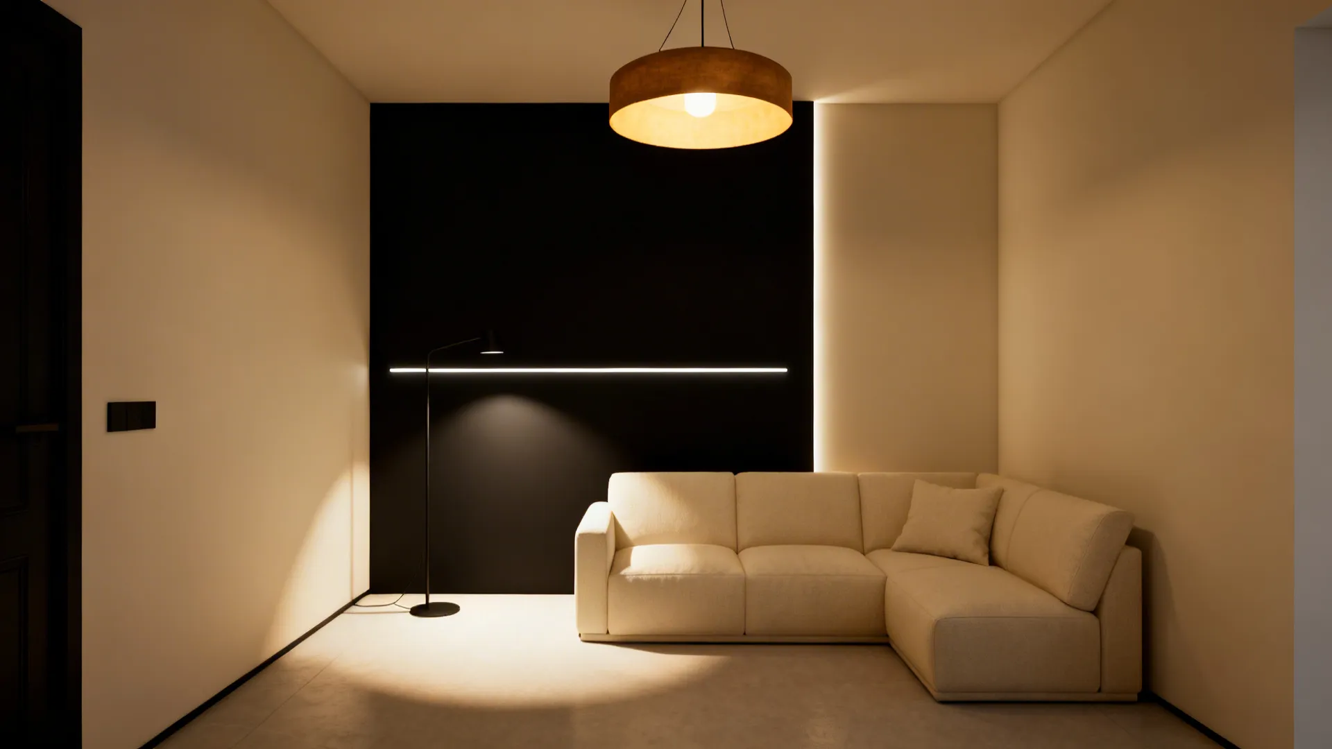 Living room with layered warm lighting: pendant, floor lamp, and LED accents on a black wall