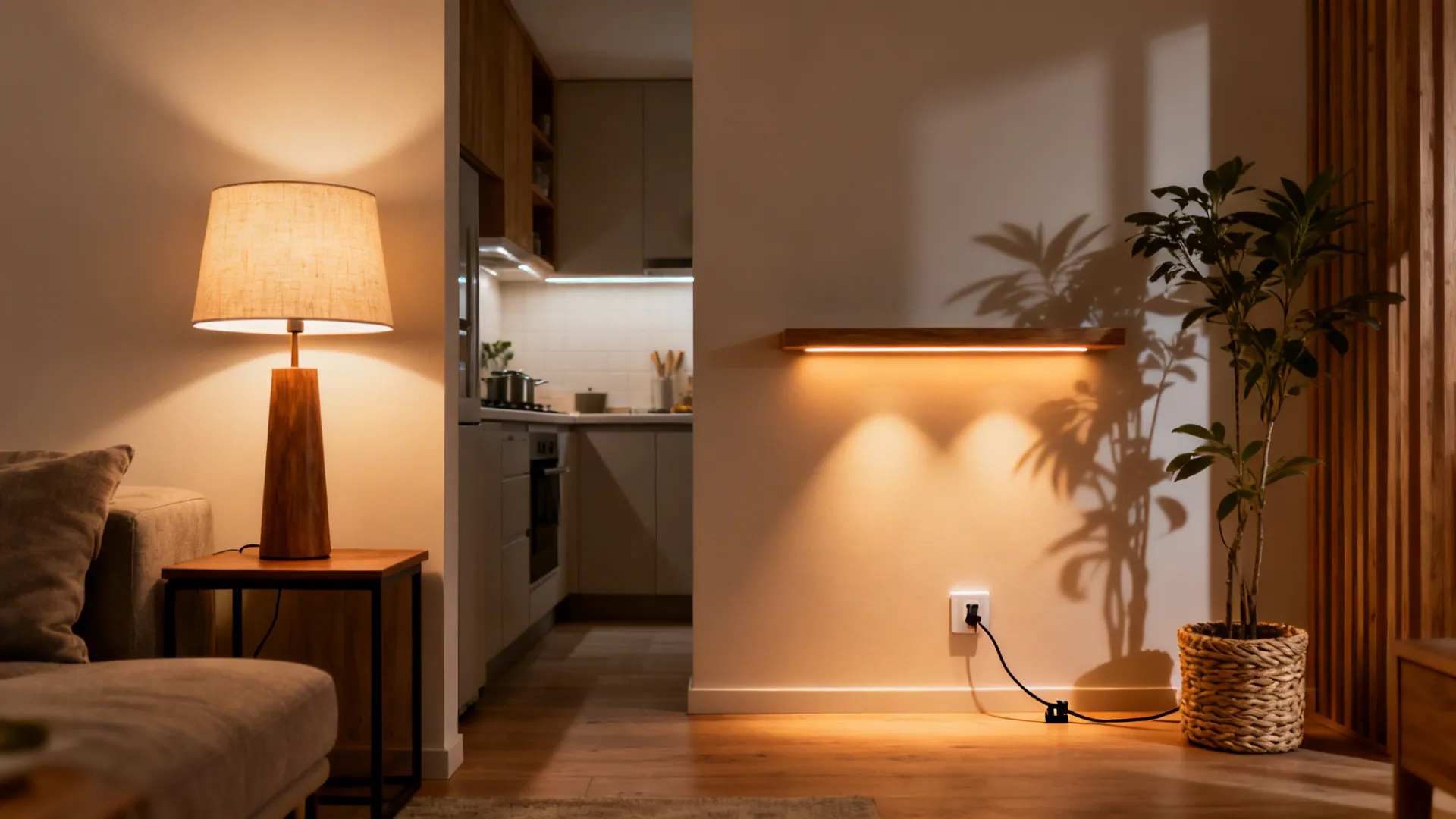 Small living room with warm table lamp, floor uplight, and LED strip creating layered lighting.