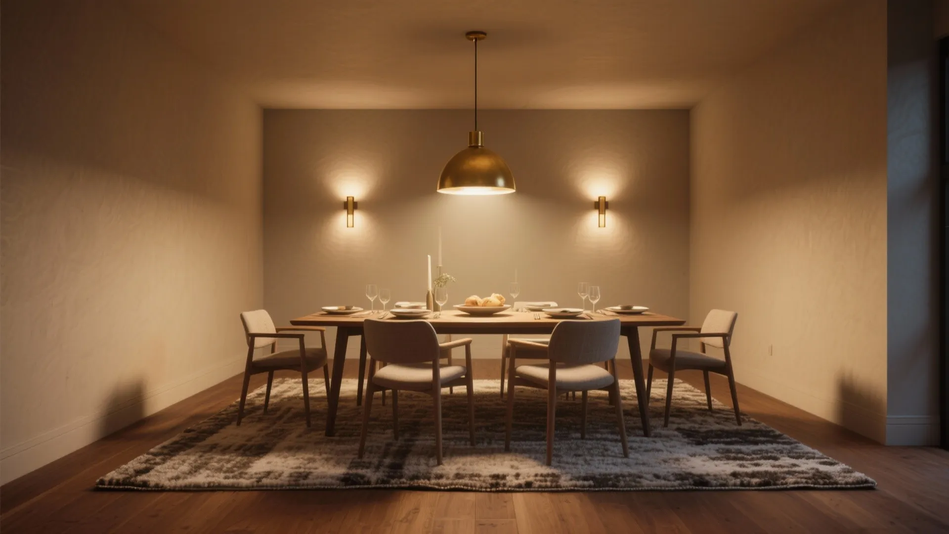 Dining room with a gold ceiling light two wall lights wooden table and patterned rug