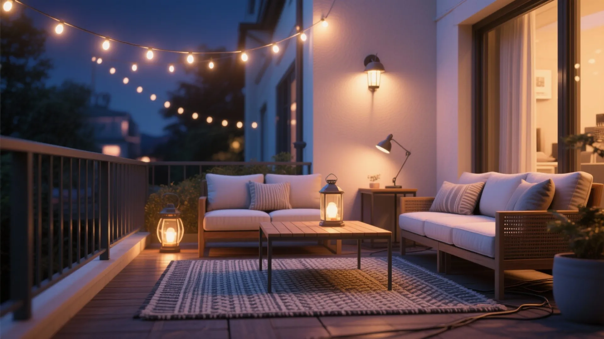 3) Weatherproof Textiles & Layered Lighting