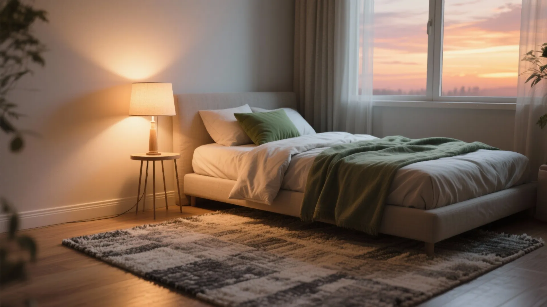Bedroom corner with layered lighting and a textured area rug adding warmth