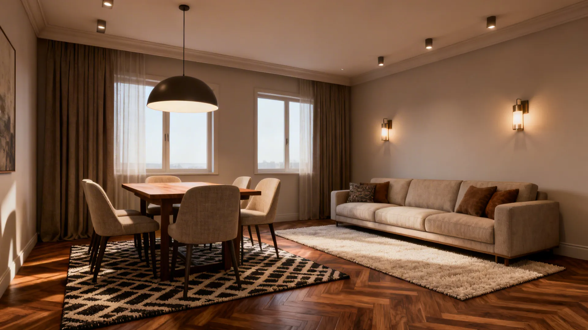 Two rugs and layered lighting define dining and living zones in a narrow combo.