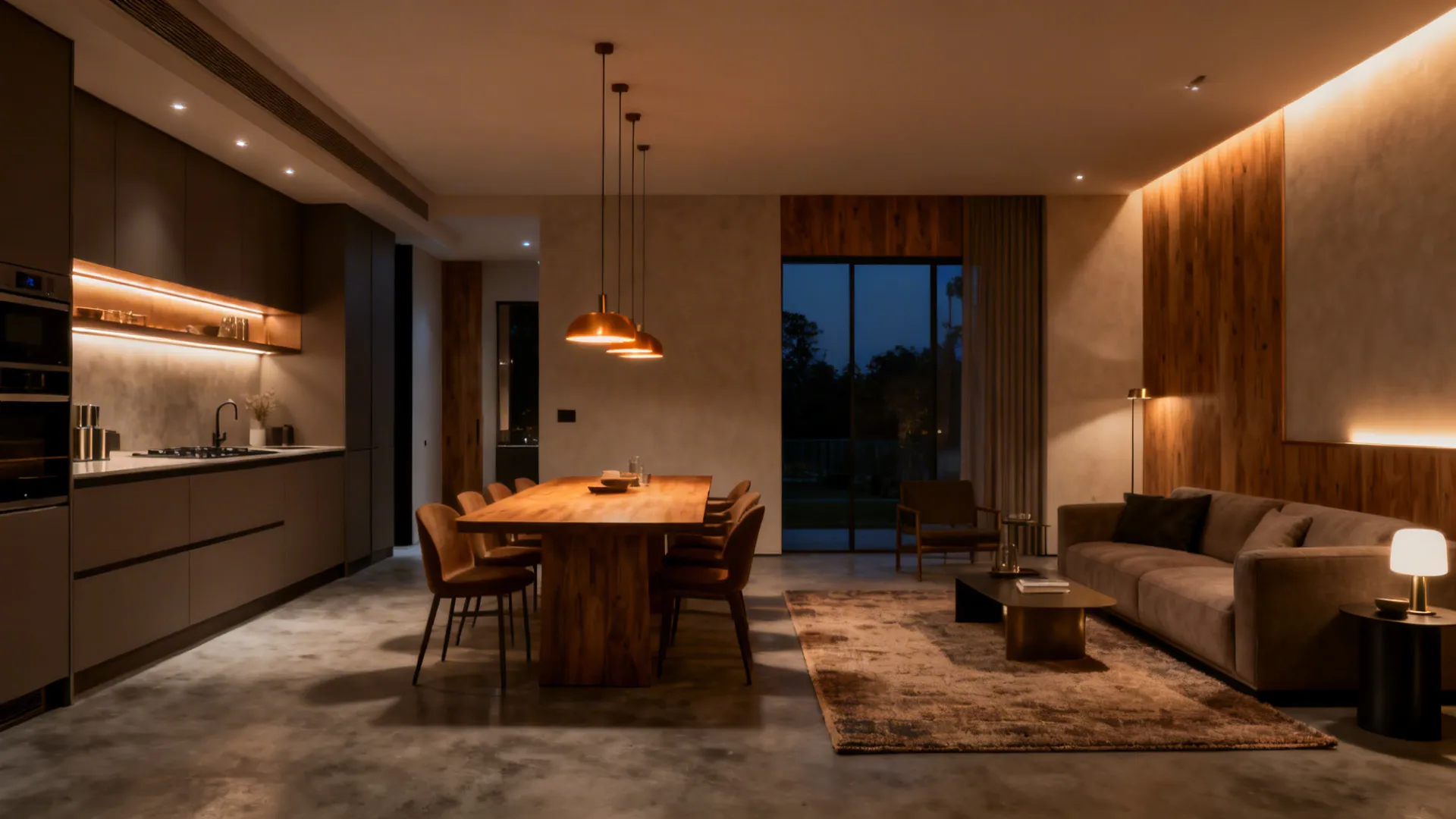 Modern living room with wooden dining table grey sofa warm ceiling lights and dark rug