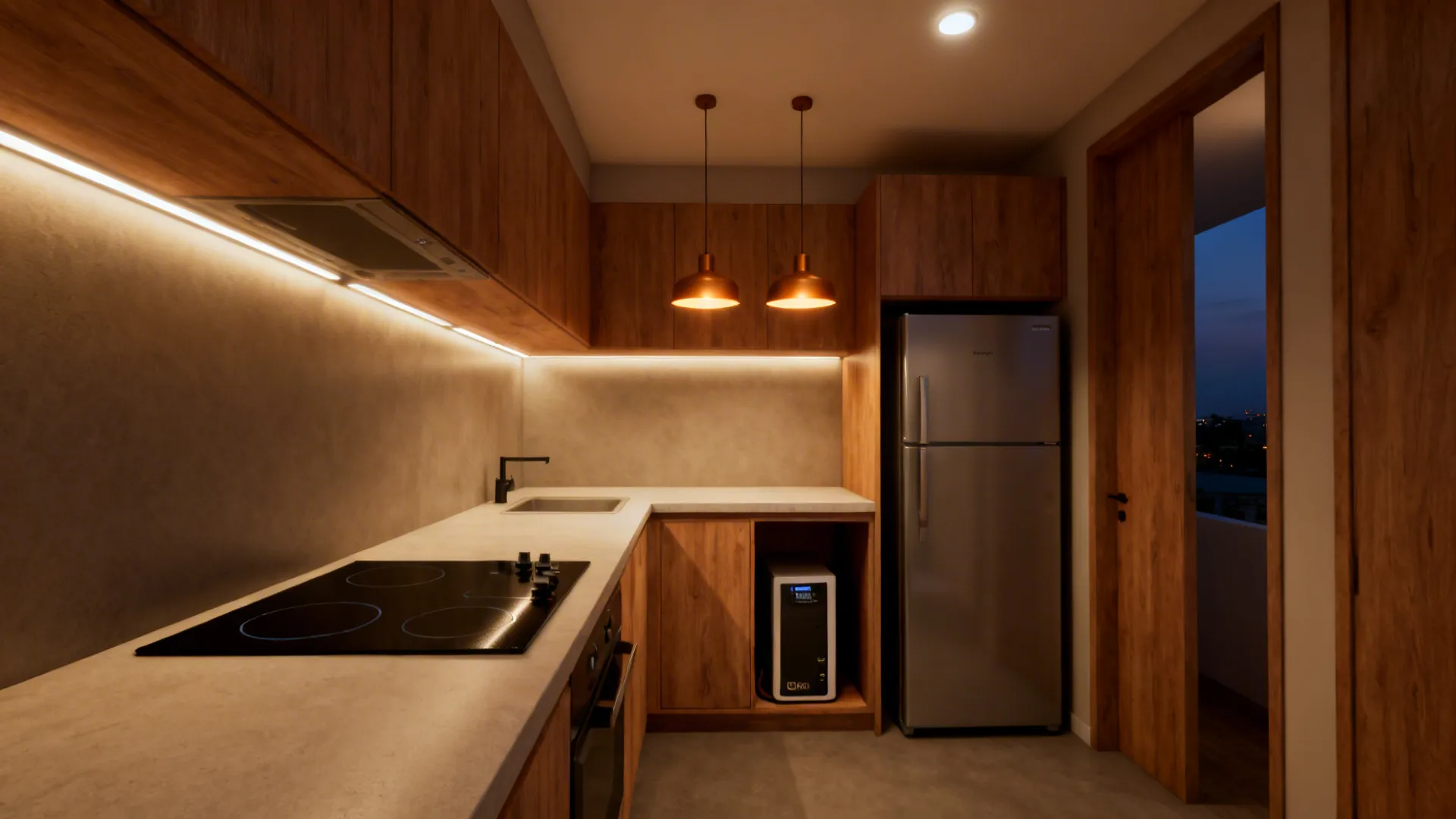 Compact kitchen with layered warm lighting and efficient induction appliances in a neutral palette.