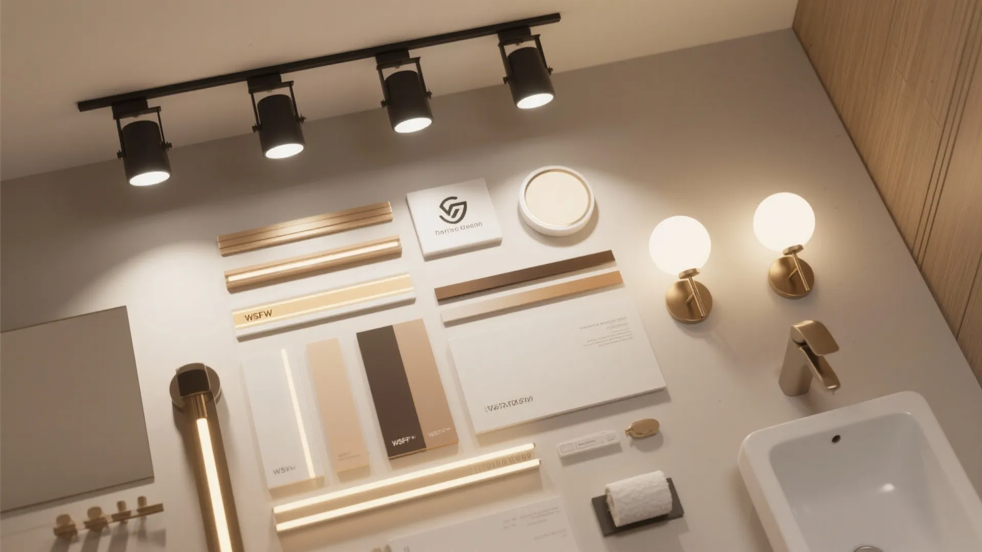Collection of interior design materials including black ceiling lights gold wall lights and color samples