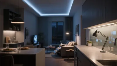 Modern Open-Plan Living & Kitchen with Ambient Lighting