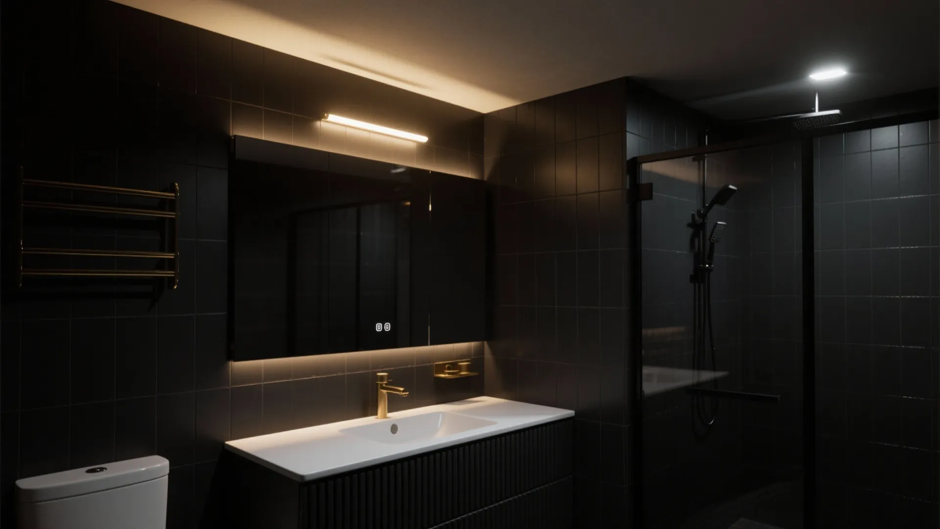 5) Layered lighting on dark finishes