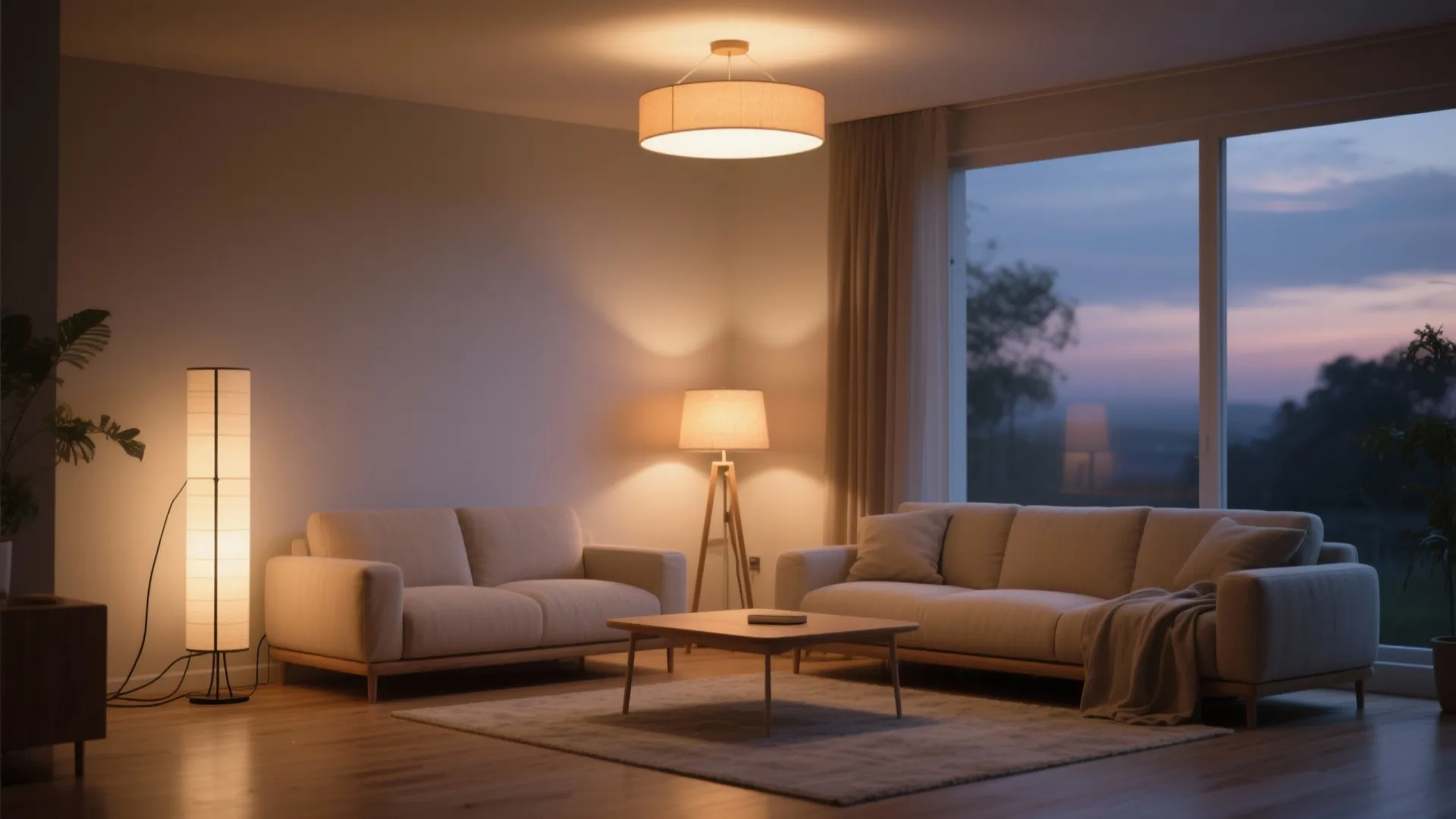 Layered Lighting: Ceiling, Floor, and a Warm Table Lamp