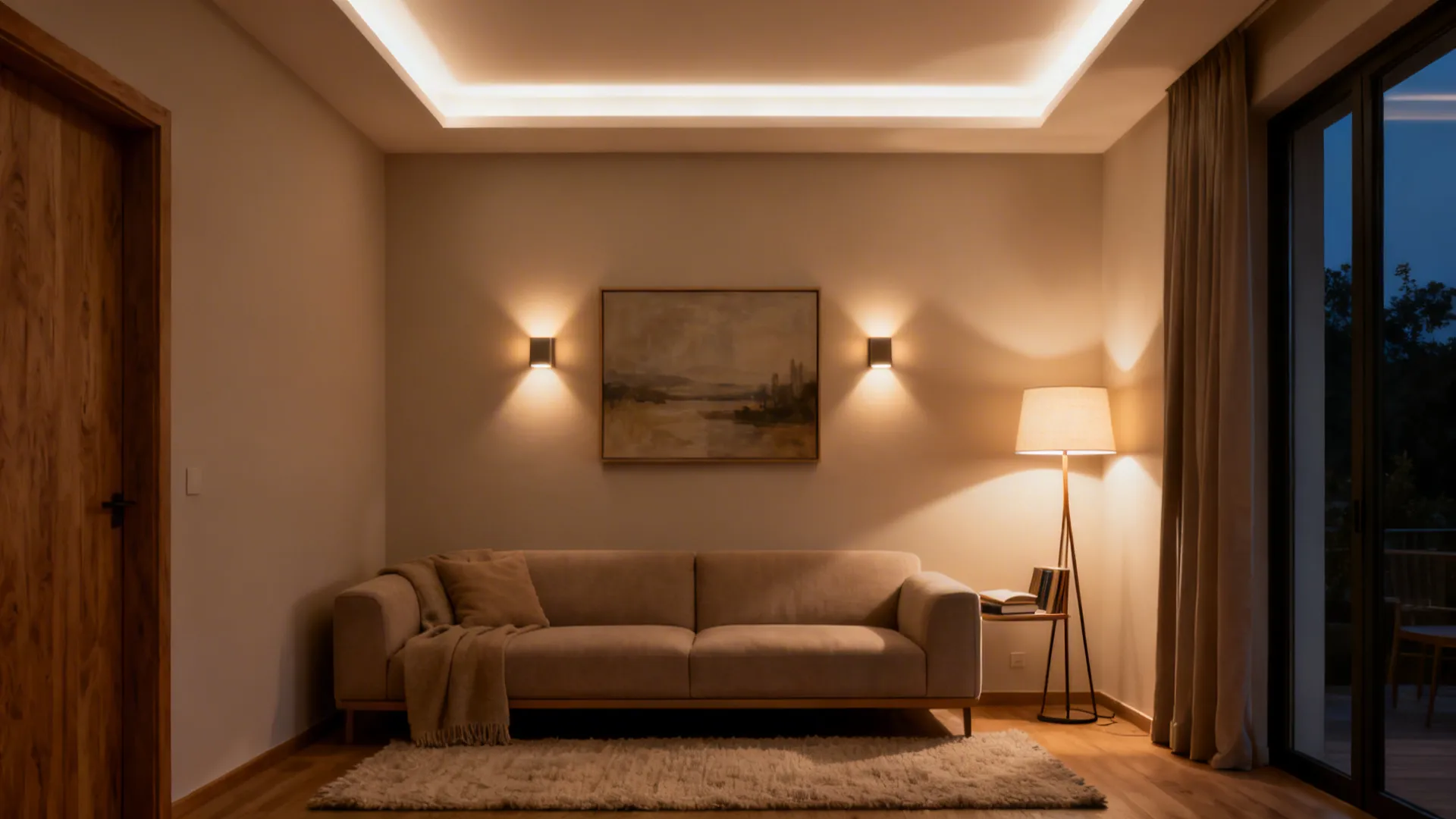 Cozy living room at dusk with ceiling glow, wall washers on art, and a floor lamp for reading.