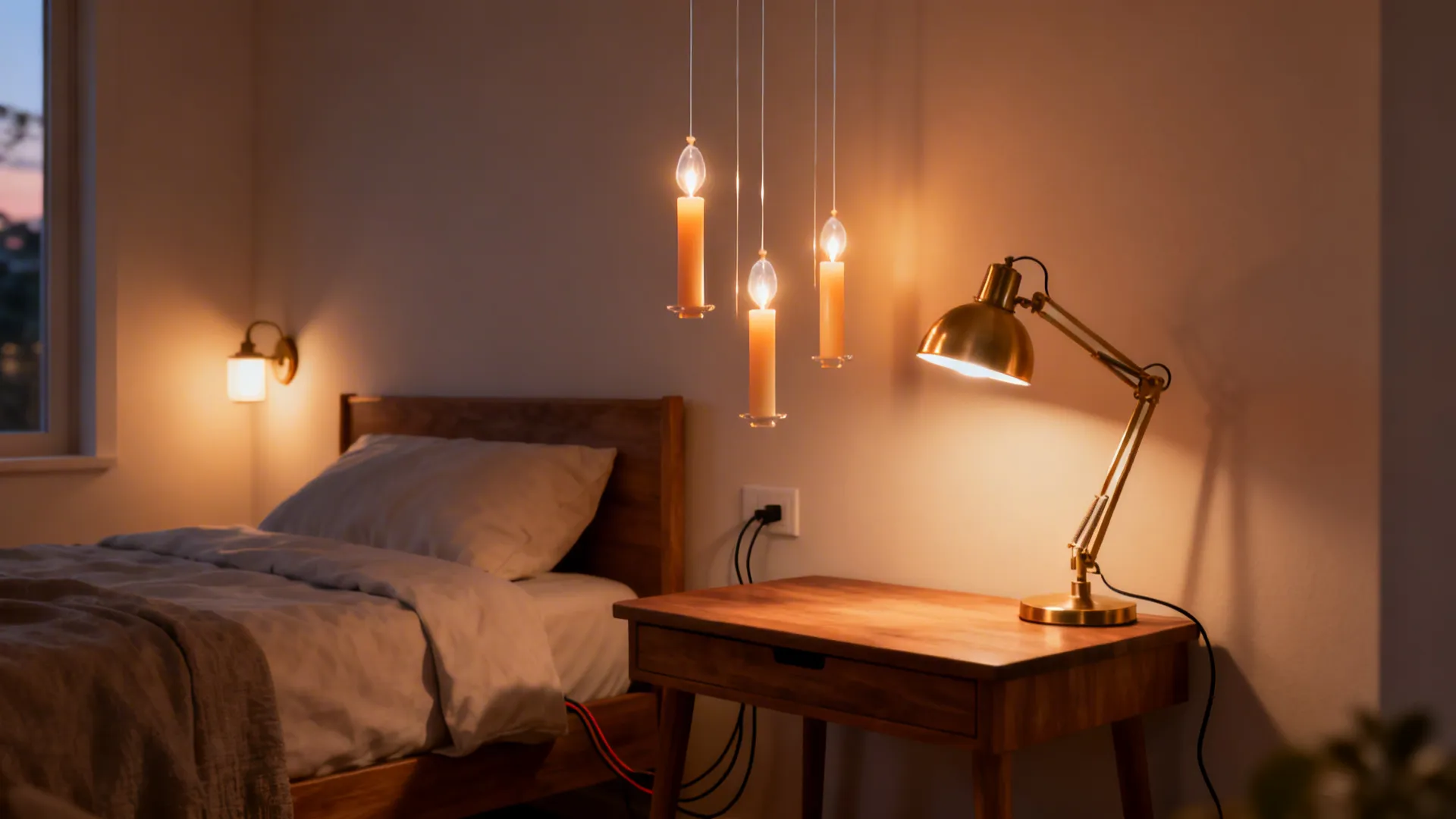 Cozy bedroom with hanging candle lights desk lamp wooden nightstand and warm wall light fixture setup