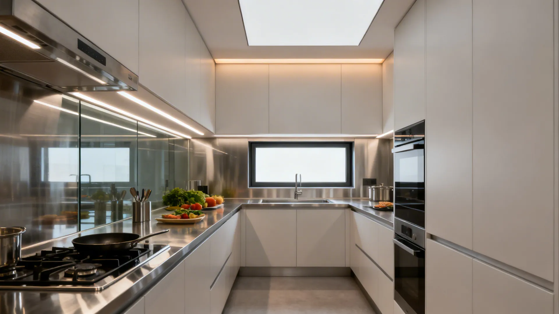 Compact kitchen with task LEDs, diffused ceiling panels, and a soft accent over the pass.