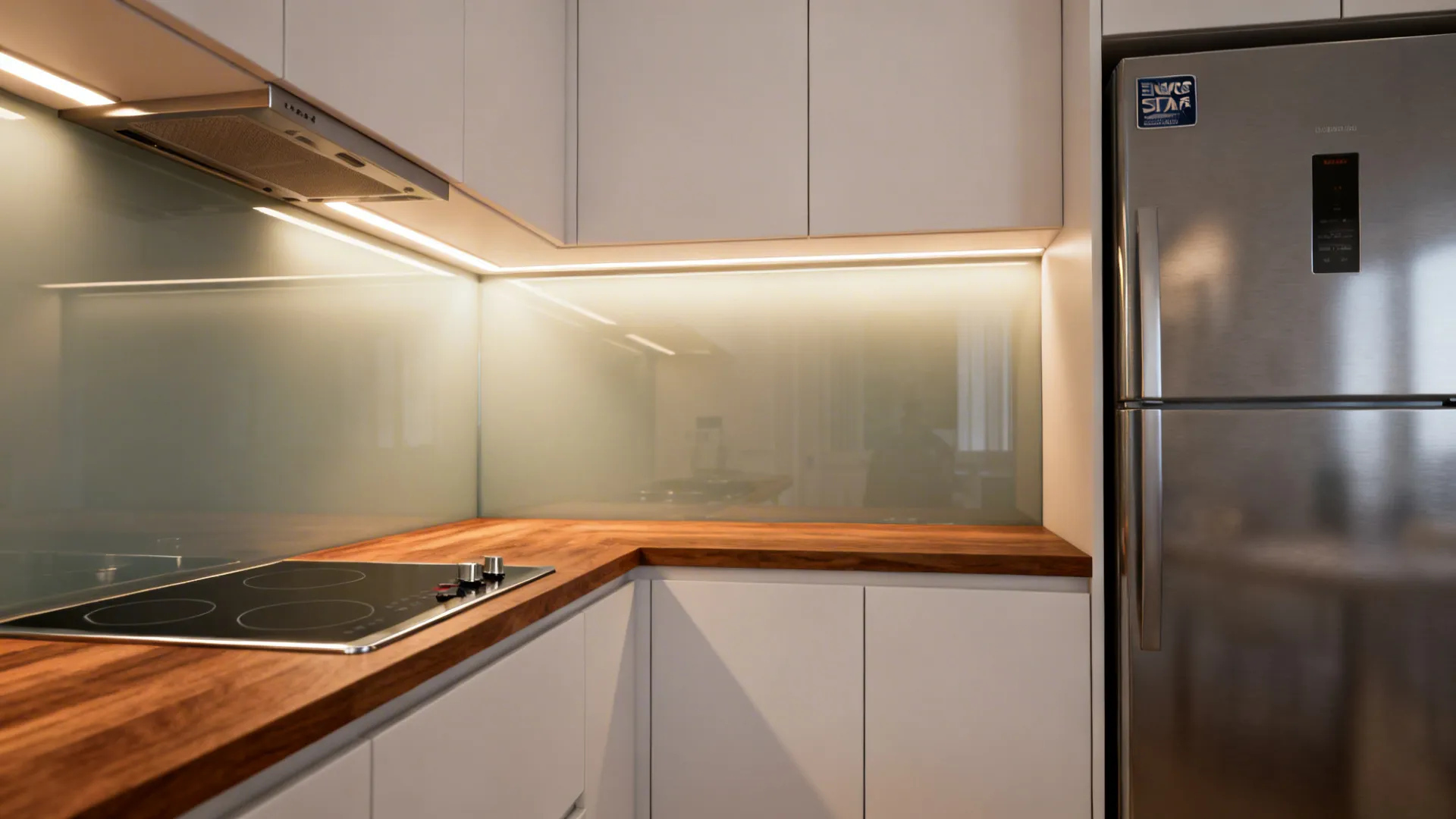 Small kitchen with ambient, task, and accent lighting plus an induction cooktop and efficient fridge.