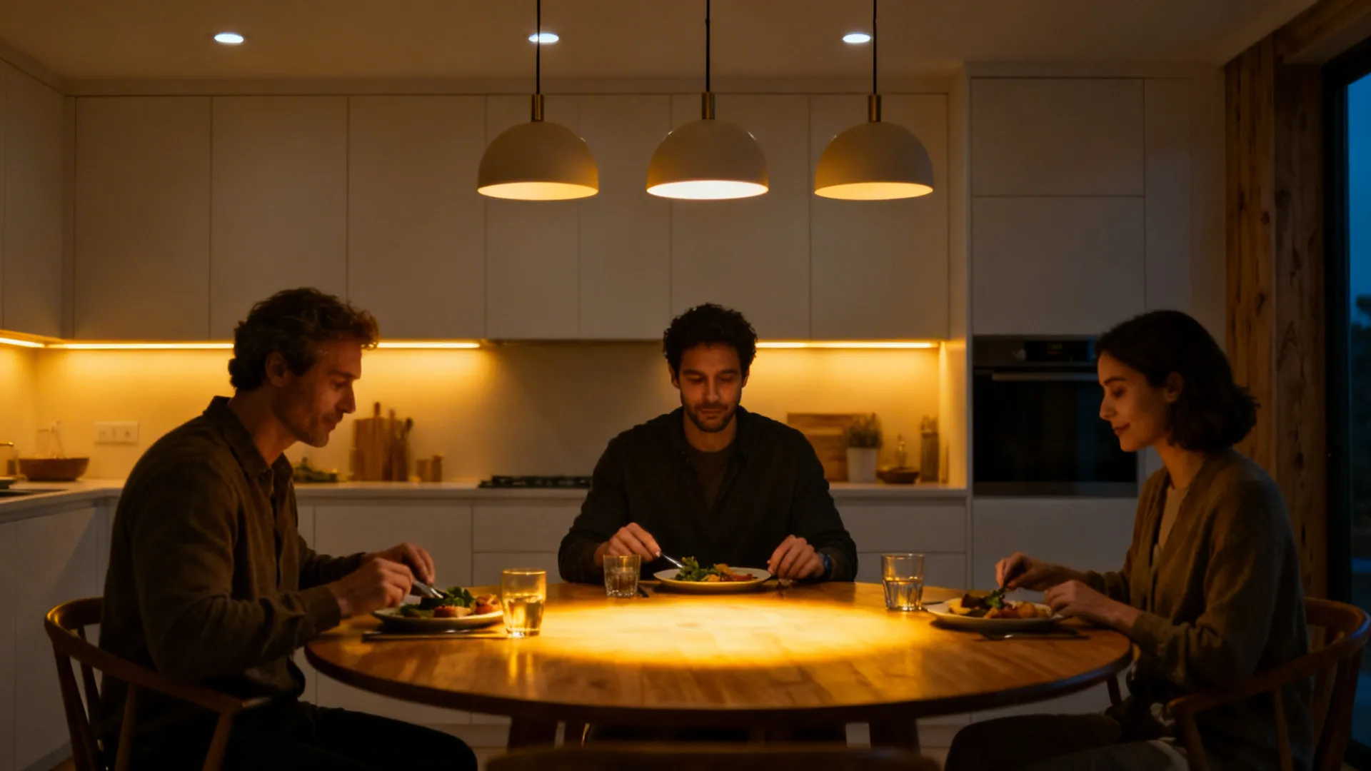 Layered lighting for dining and cooking moods