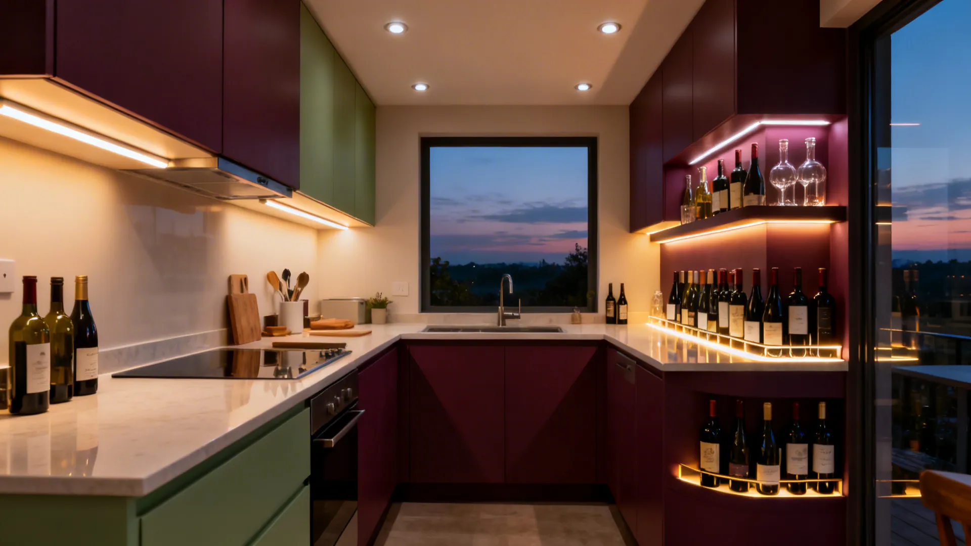 Small U-shaped kitchen with layered 2700K ambient and 3000K task lighting highlighting wine tones.