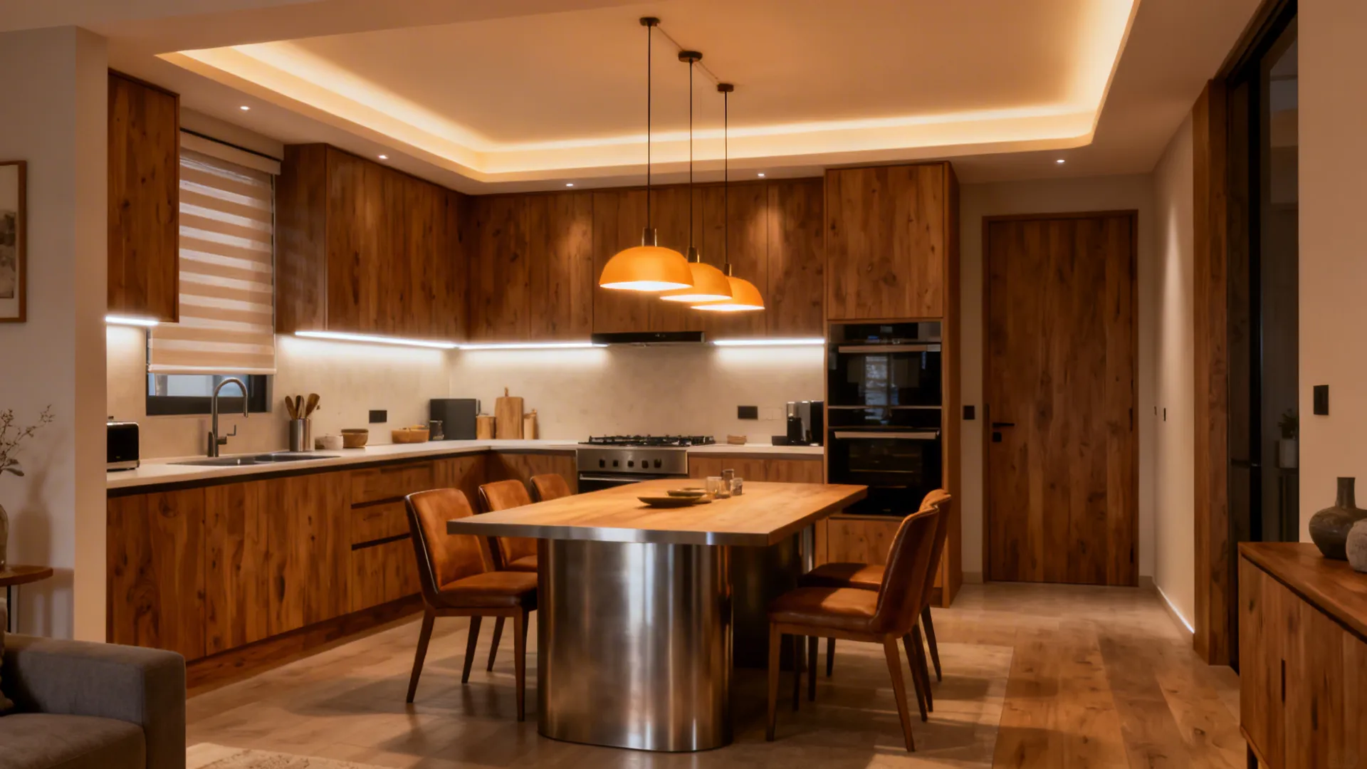 Modern wooden kitchen with warm hidden lights under cabinets and three orange hanging ceiling lights