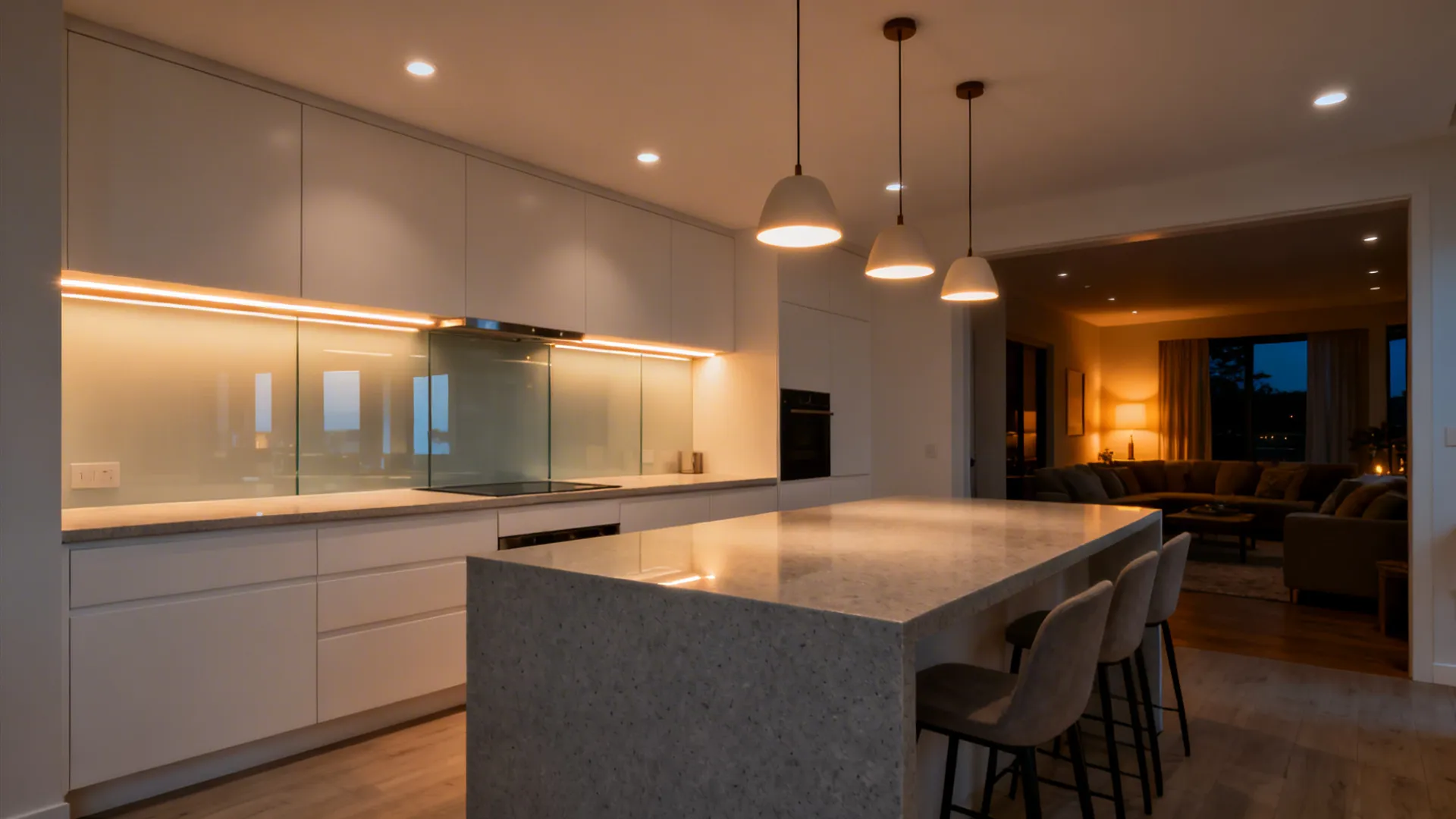 Evening open kitchen with under-cabinet LEDs, pendant trio, and ambient recessed lights.